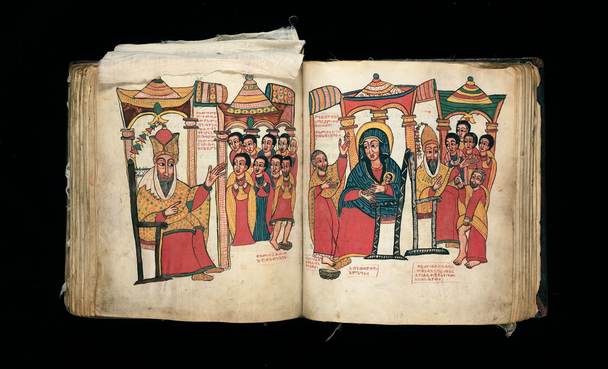 Created under King Yohannes (1667–1682) or King Iyyasu I (1682–1706), this manuscript in the First Gonderine style—with bold outlines and a rich palette—includes 32 painted scenes narrating the miracles performed by the Virgin Mary, a series intended to guide weekly devotion. These codified “Miracles of Mary” originated in France in the 12th century and became one of the most popular themes for religious books after the intensification of Marian worship in the mid-15th century.

Ada Turnbull Hertle and Marian and Samuel Klasstorner endowments