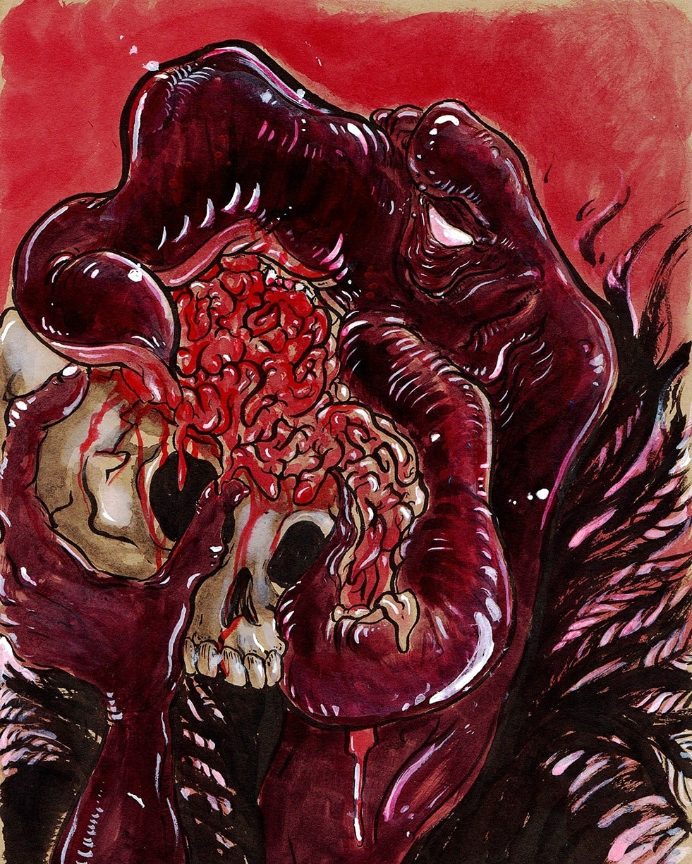 GORE illustration of a purple illithid eating brains out of a skull.  His tentacles are prying the brains out of the skull in a goopy mess.