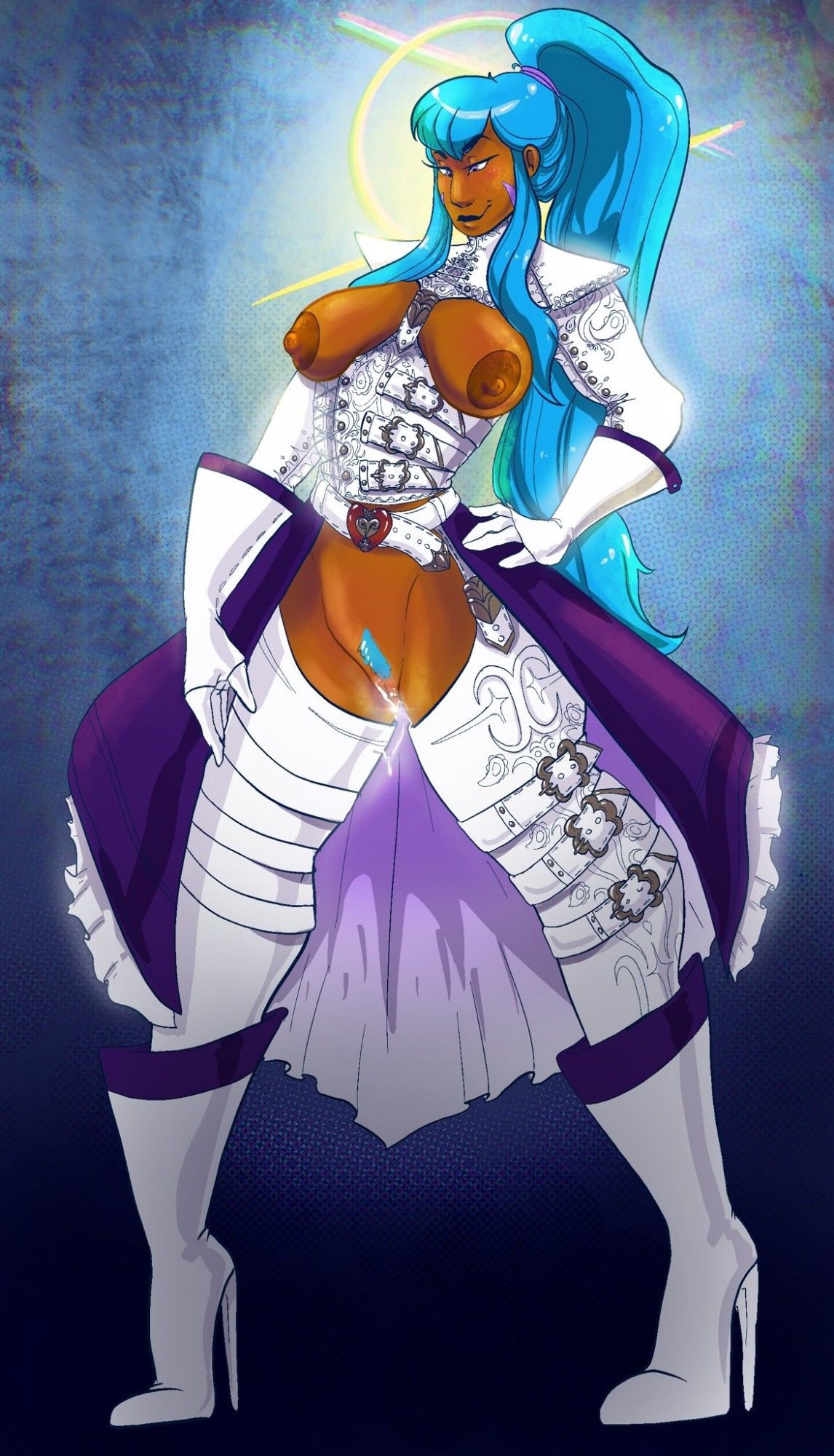 NSFW digital Pinup of blue haired girl standing powerfully and wearing an ornate white corset, thigh highs, and bolero.  Her tits and pussy are exposed.