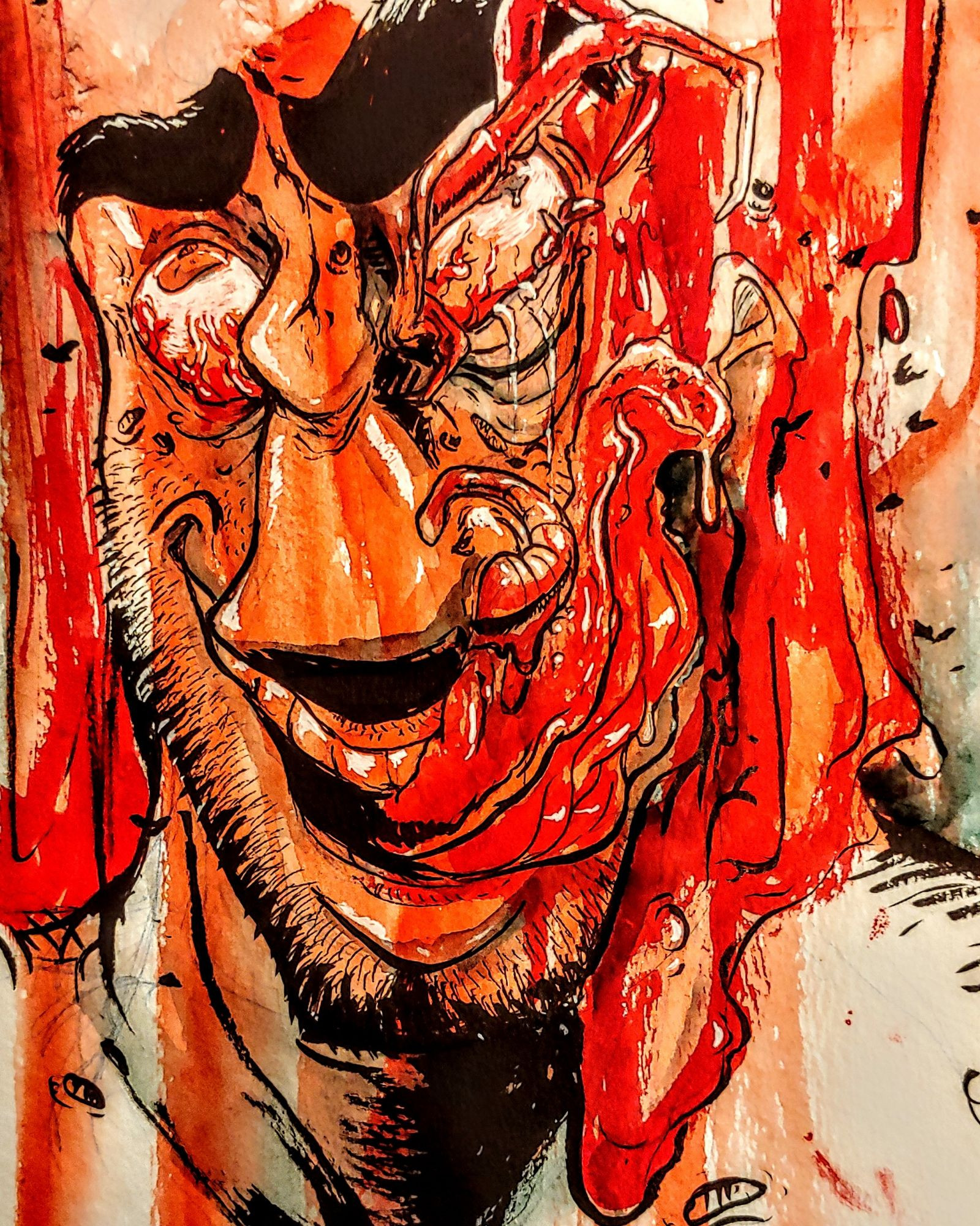 GORE AND INSECTS WARNING an abstract portrait of Navid with half of his face appearing to melt upward.  His tongue appears slug-like.  Spidery legs and maggots are straining out of his eyes and nose.  His expression is somewhere between pain and rapture.  Ink on tan paper 