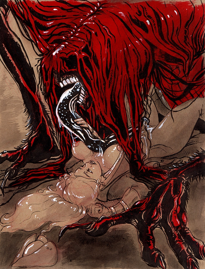 NSFW a spindly monster with long bloody hair crouching over a woman lying down on her back.  The woman's breasts are exposed and the monster's long tongue is laid between them.  The woman is holding the tongue lovingly and she has a nervous but tender expression.