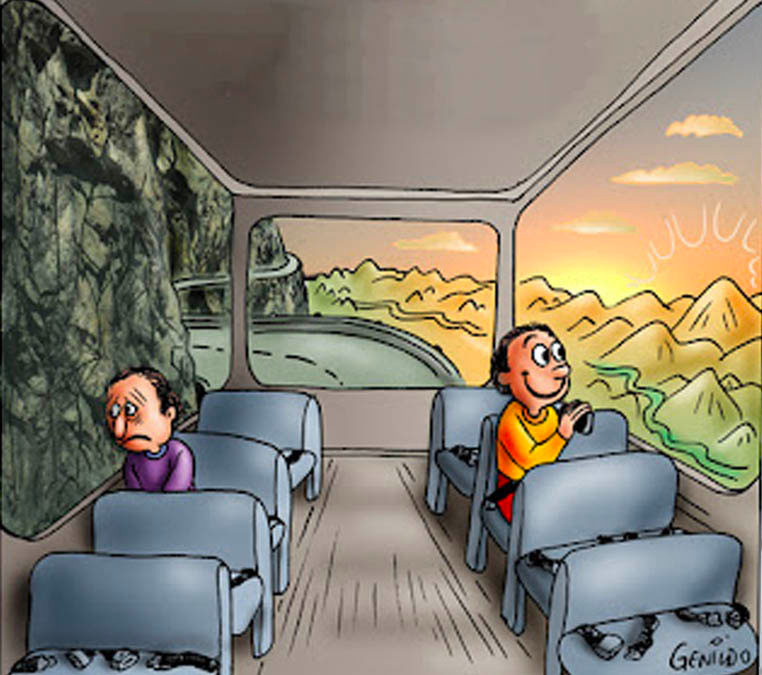 desenho de dois caras dentro de um onibus; um na janela á direita, sorrindo para uma vista bonita, outro na janela à esquerda, triste encarando a parede rochosa de uma montanha