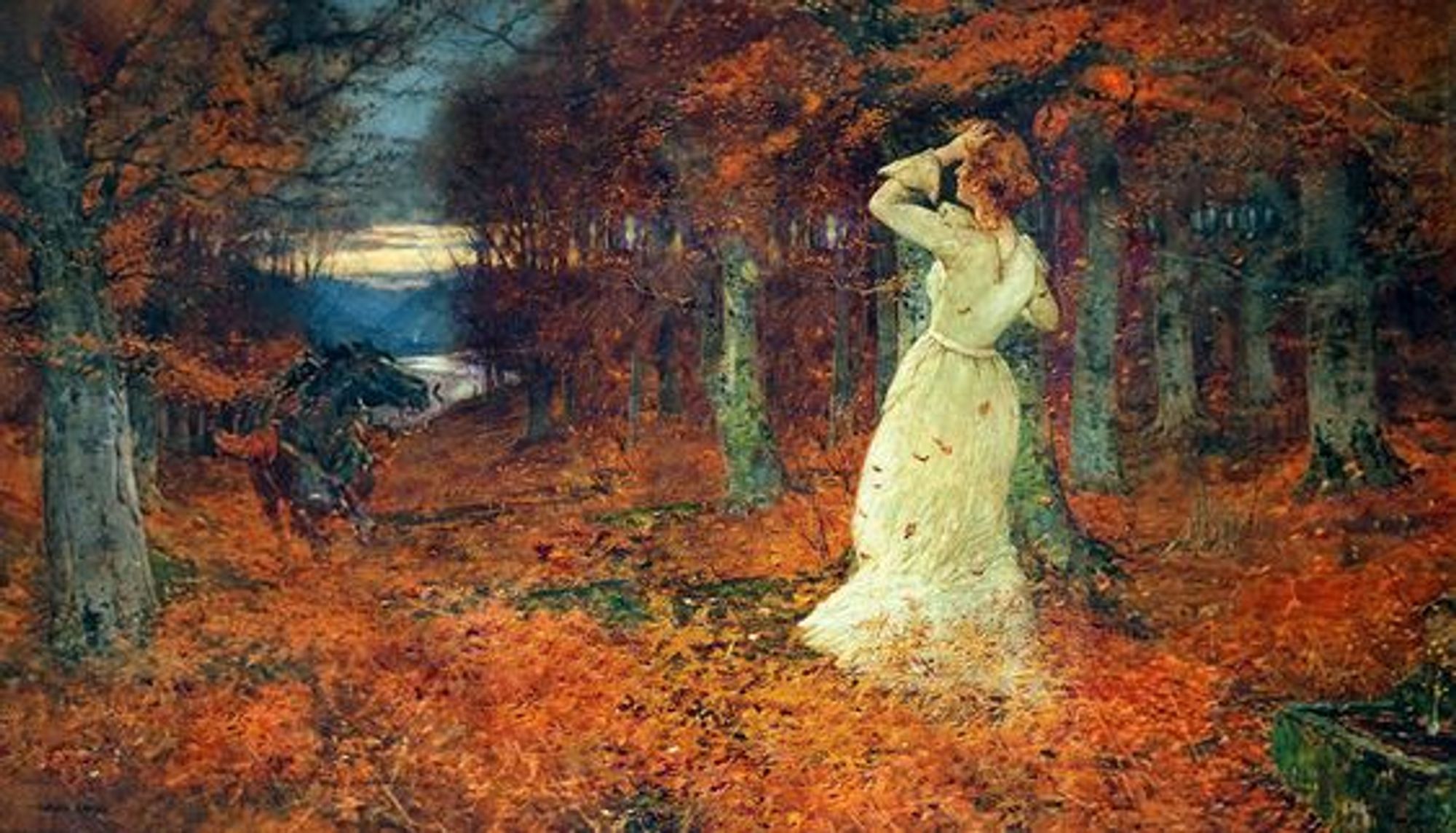 Painting of a woman surrounded by autumn leaves