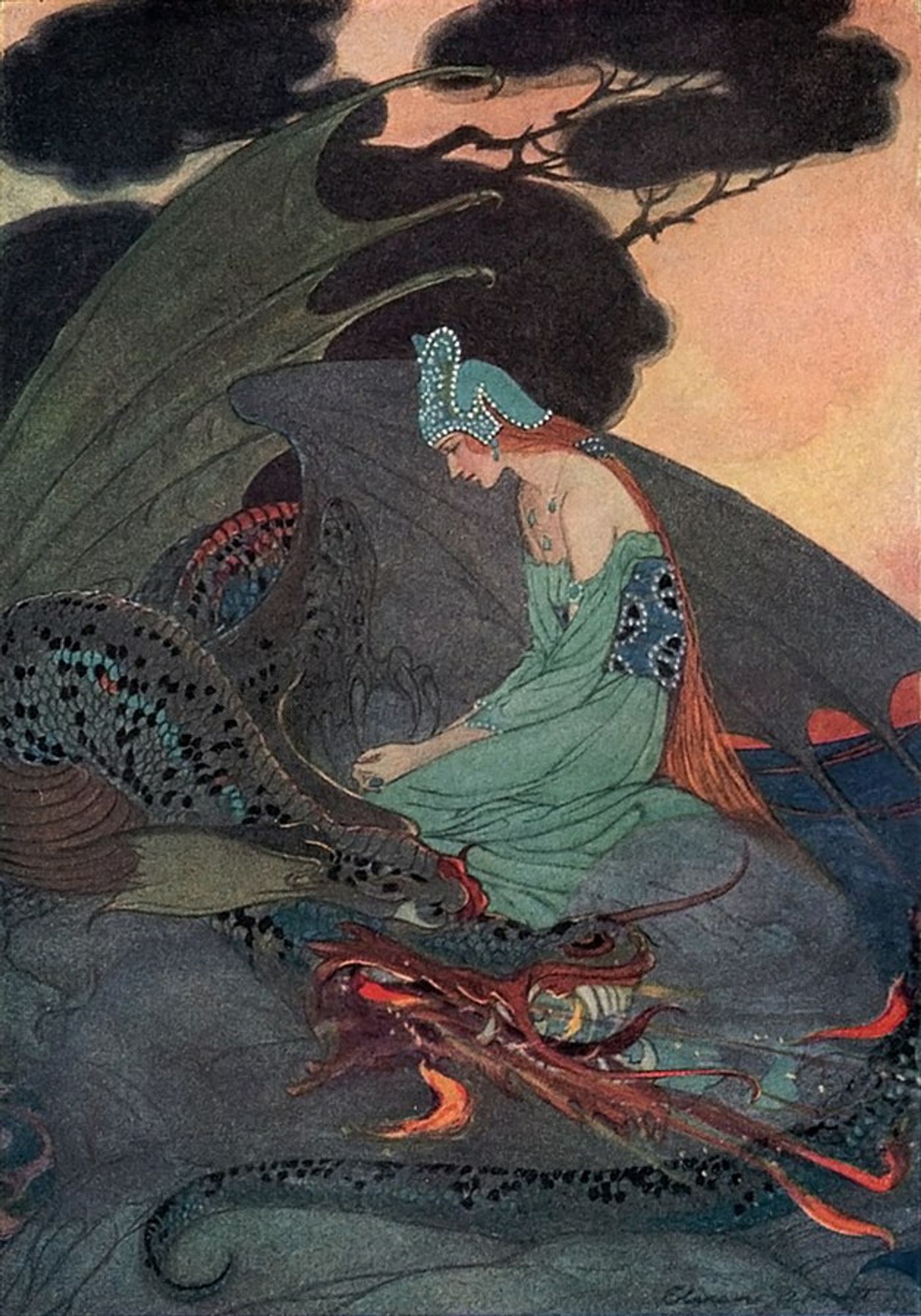 Illustration of a princess and a dragon resting in front of her