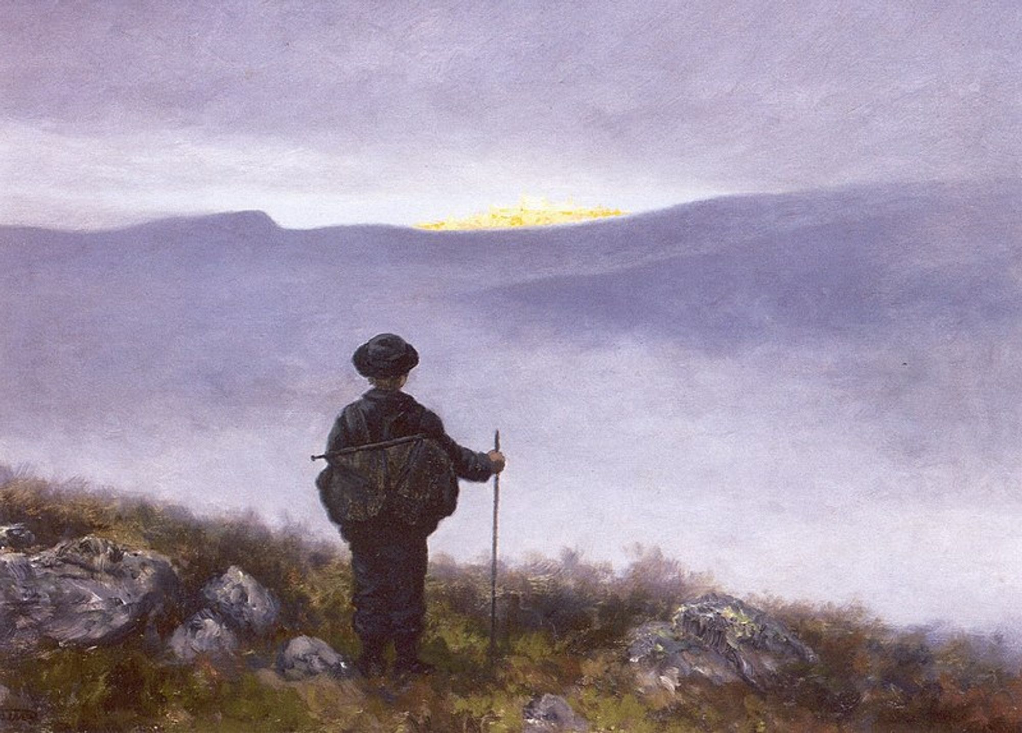 Painting of a figure looking at the mountains