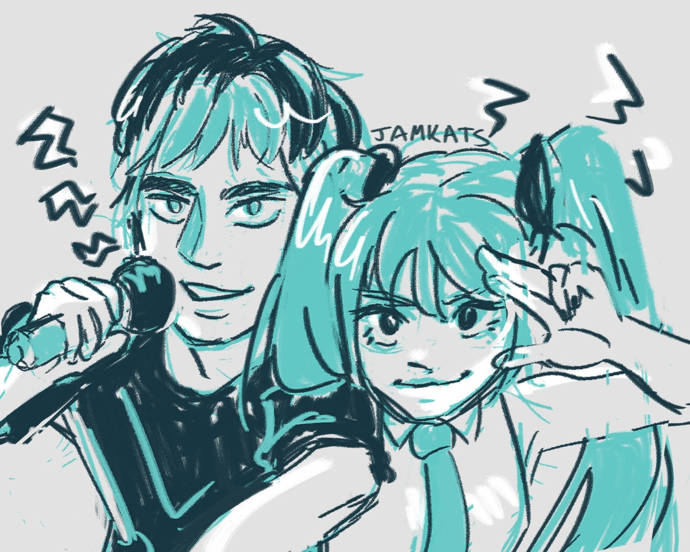 Digital sketch by JamKats featuring American rock band singer Awsten Knight of Waterparks and Vocaloid Hatsune Miku.