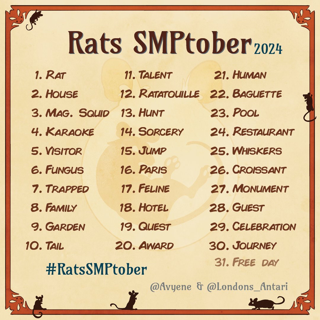 A list of 30 words to challenge oneself to draw one thing everyday for 30 days
All words are related to the Minecraft SMP : Rats SMP