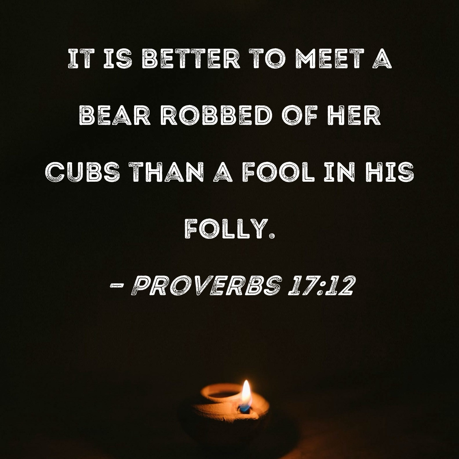 IT IS BETTER TO MEET A
BEAR ROBBED OF HER
CUBS THAN A FOOL IN HIS
FOLLY.
- PROVERBS 17:12