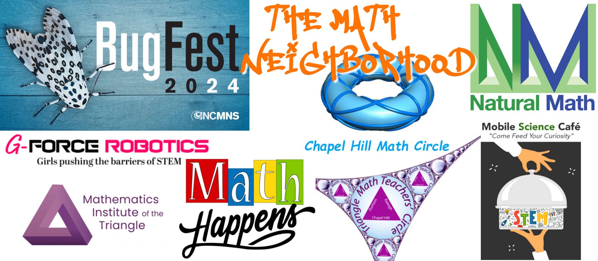 A poster with BugFest image and logos of the 7 math nonprofits from The Math Neighborhood at BugFest.