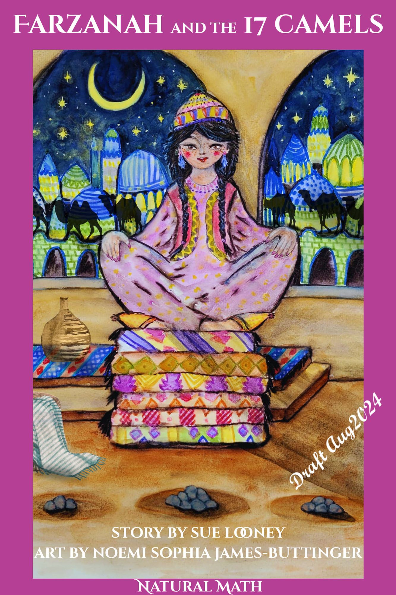 Cover of Farzanah and the 17 Camels, with a girl sitting on some rugs.