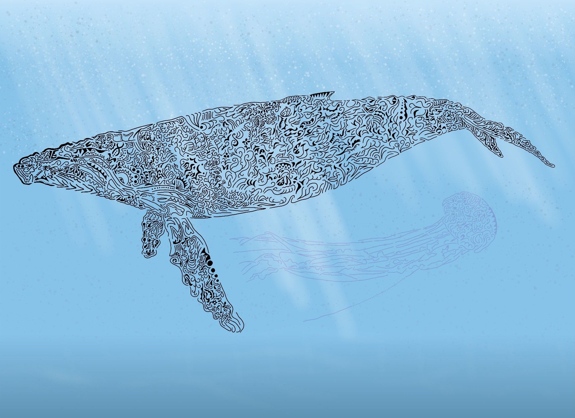 Digital art of a whale made of squiggles in an oceanic environment and a squiggle jellyfish underneath the whale