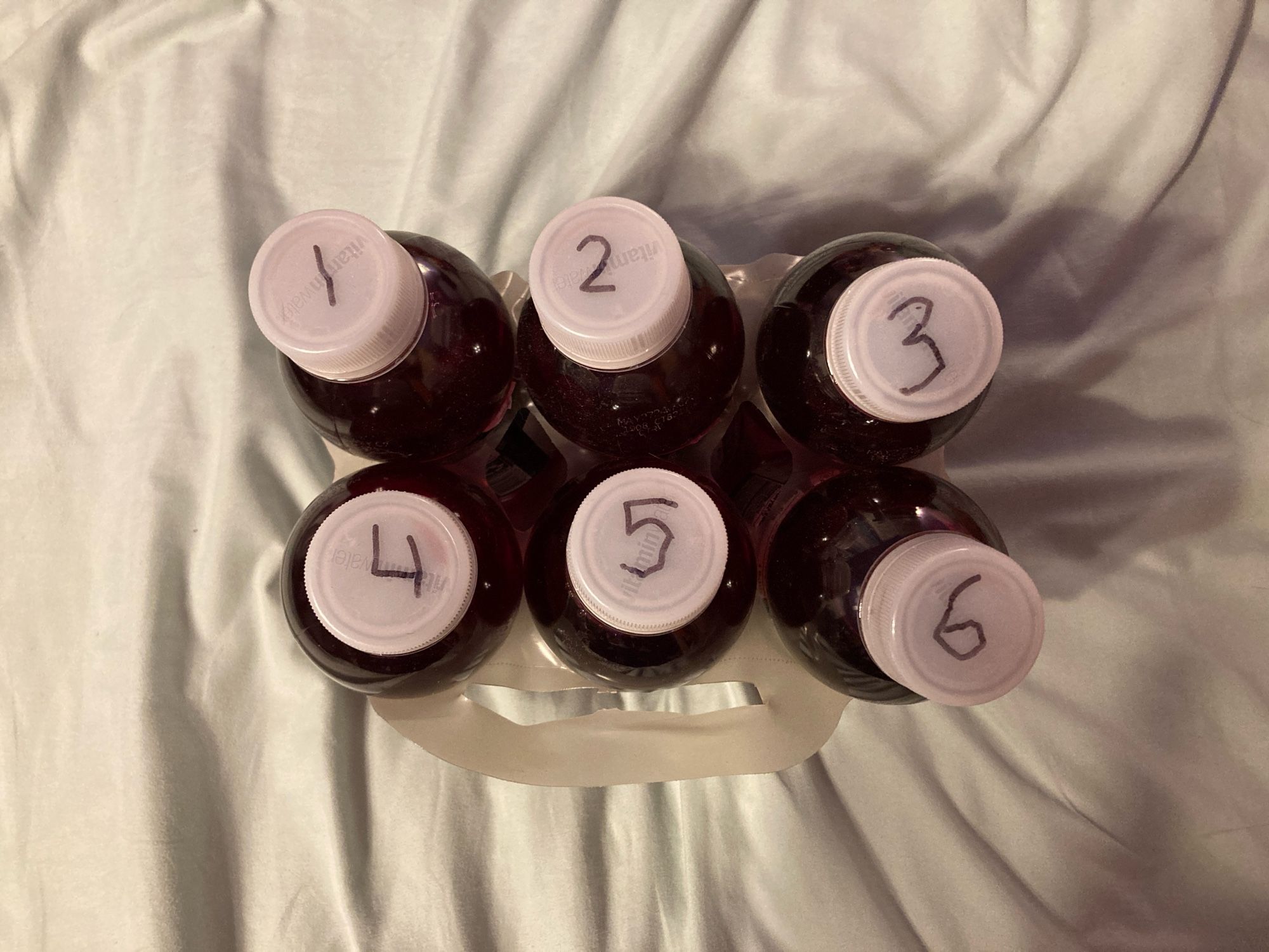 Six bottles of VitaminWater XXX from above. The numbers 1-6 are written on their caps.