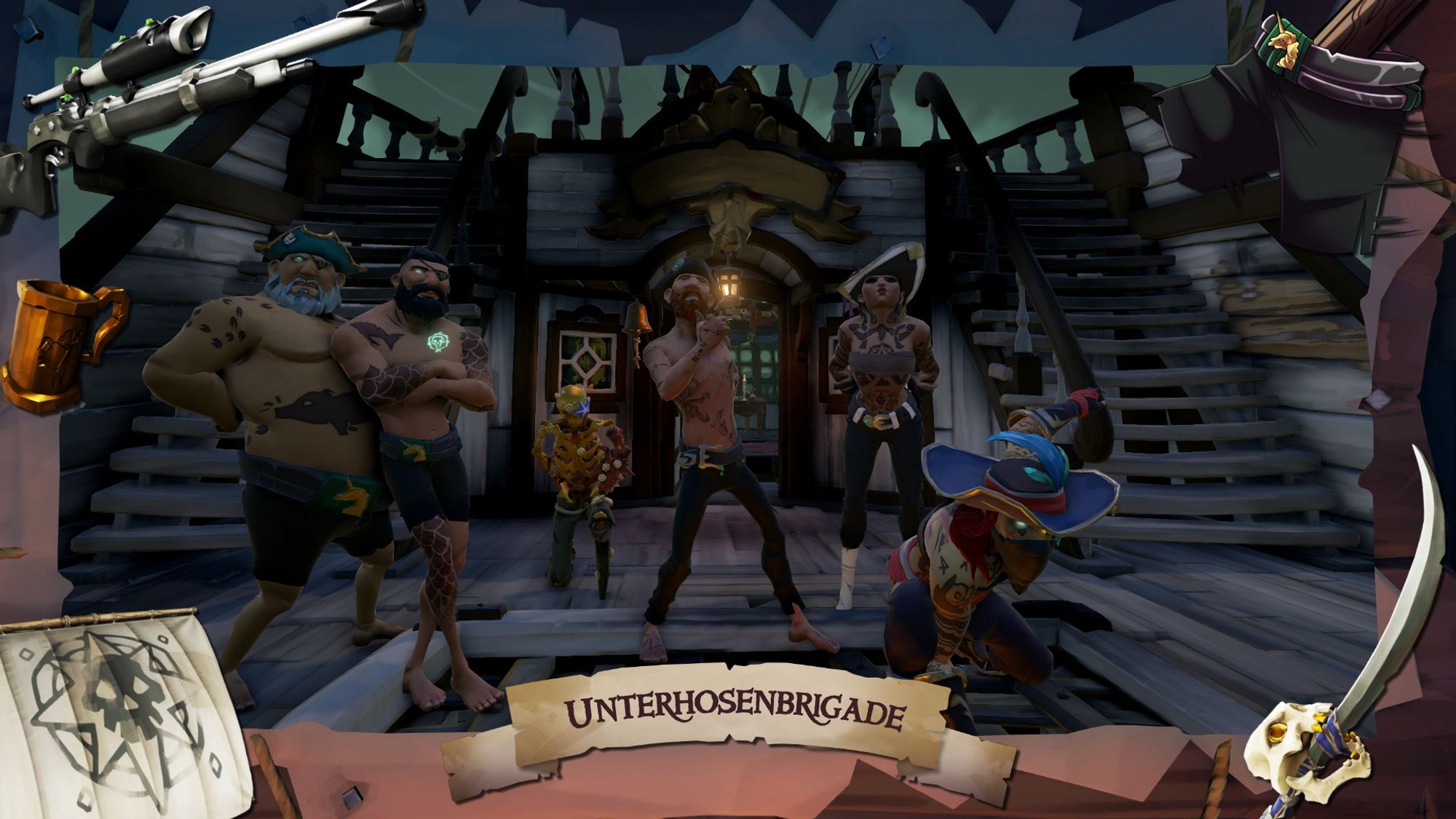 A screenshot from Sea of Thieves, frames in a Underpants Brigade themed frame showing the characters of both crews on CaptainOats ship, striking poses in front of the captain quarters.