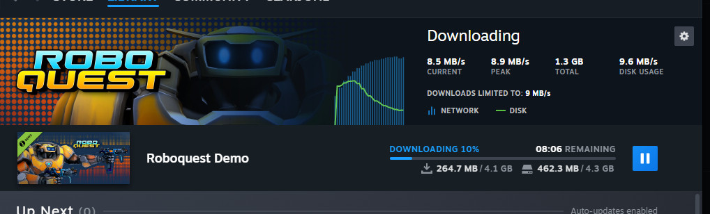 screenshot of steam UI showing the in-progress download of roboquest dmeo