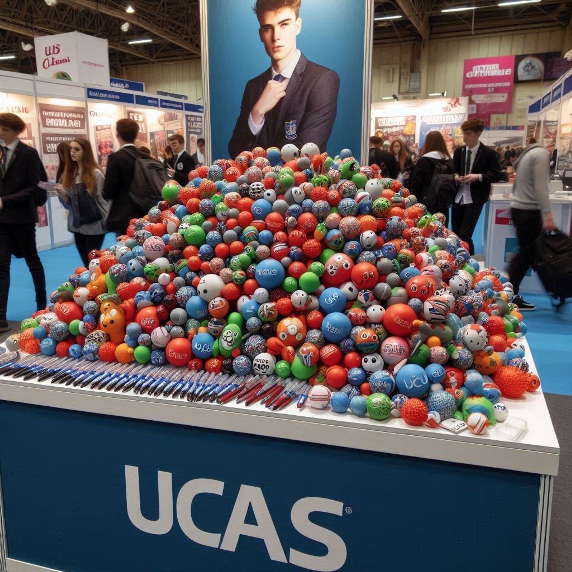 A table full of stress balls at a UCAS fair.