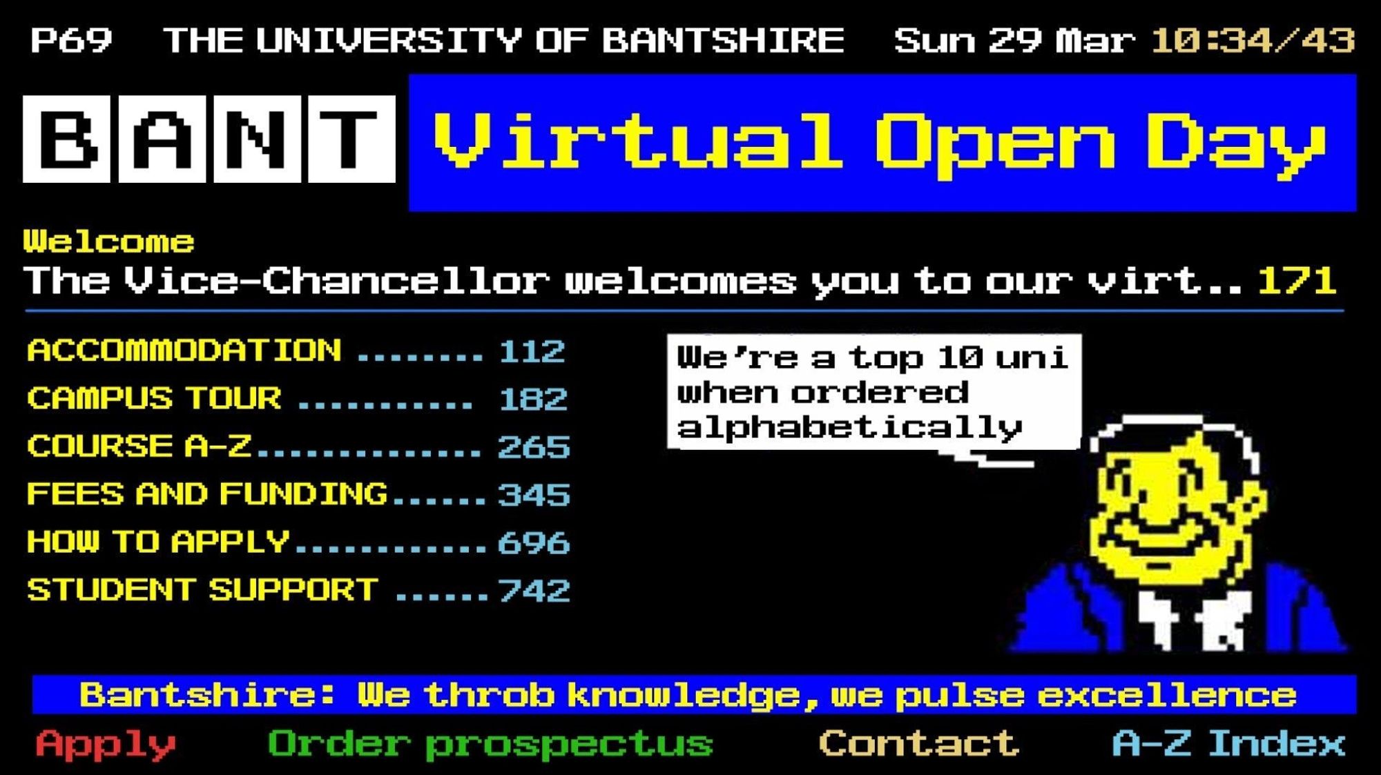 A brilliant mockup of a virtual open day on Teletext.