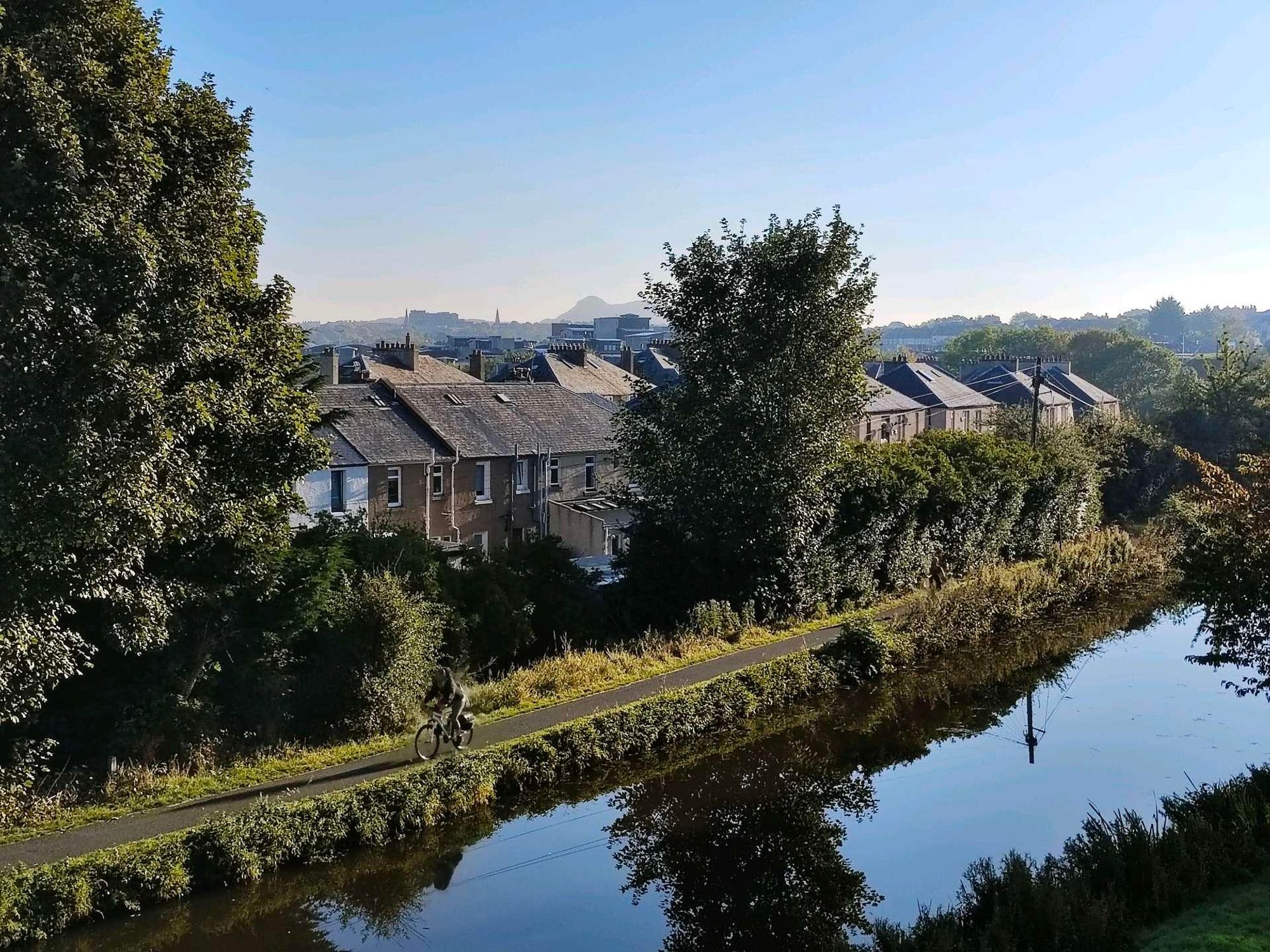 View over canal with Edinburgh in background