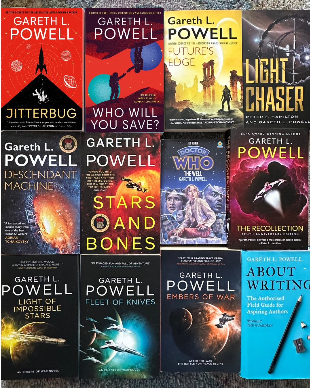 12 of Gareth's most recent books, including Jitterbug, Who Will You Save?, Future's Edge, Light Chaser, Descendant Machine, Stars and Bones, Doctor Who: The Well, The Recollection, Light of Impossible Stars, Fleet of Knives, Embers of War, and About Writing