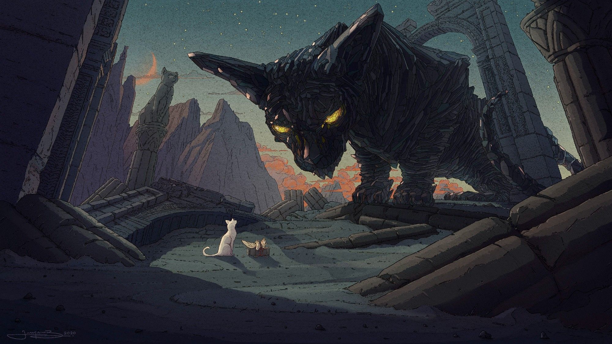 A white cat offering a dead dove to a giant sphinx cat made of black quartz, in the middle of toppled ruins under an orange crescent moon. The giant cat's eyes shine judgmentally in citrine yellows. Kind of in the style of Moebius.