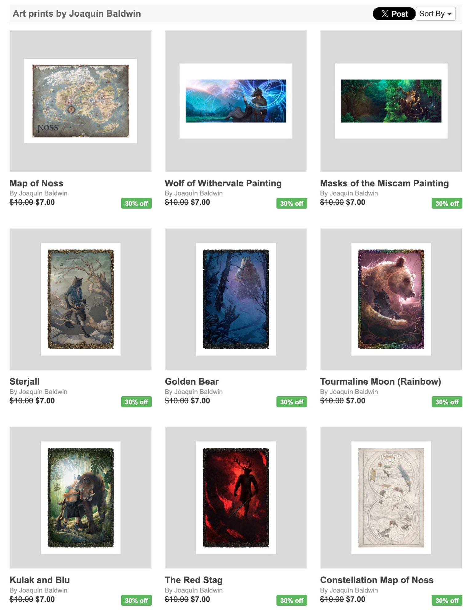 Screenshot of my Inprnt gallery with the prints at 30% off.