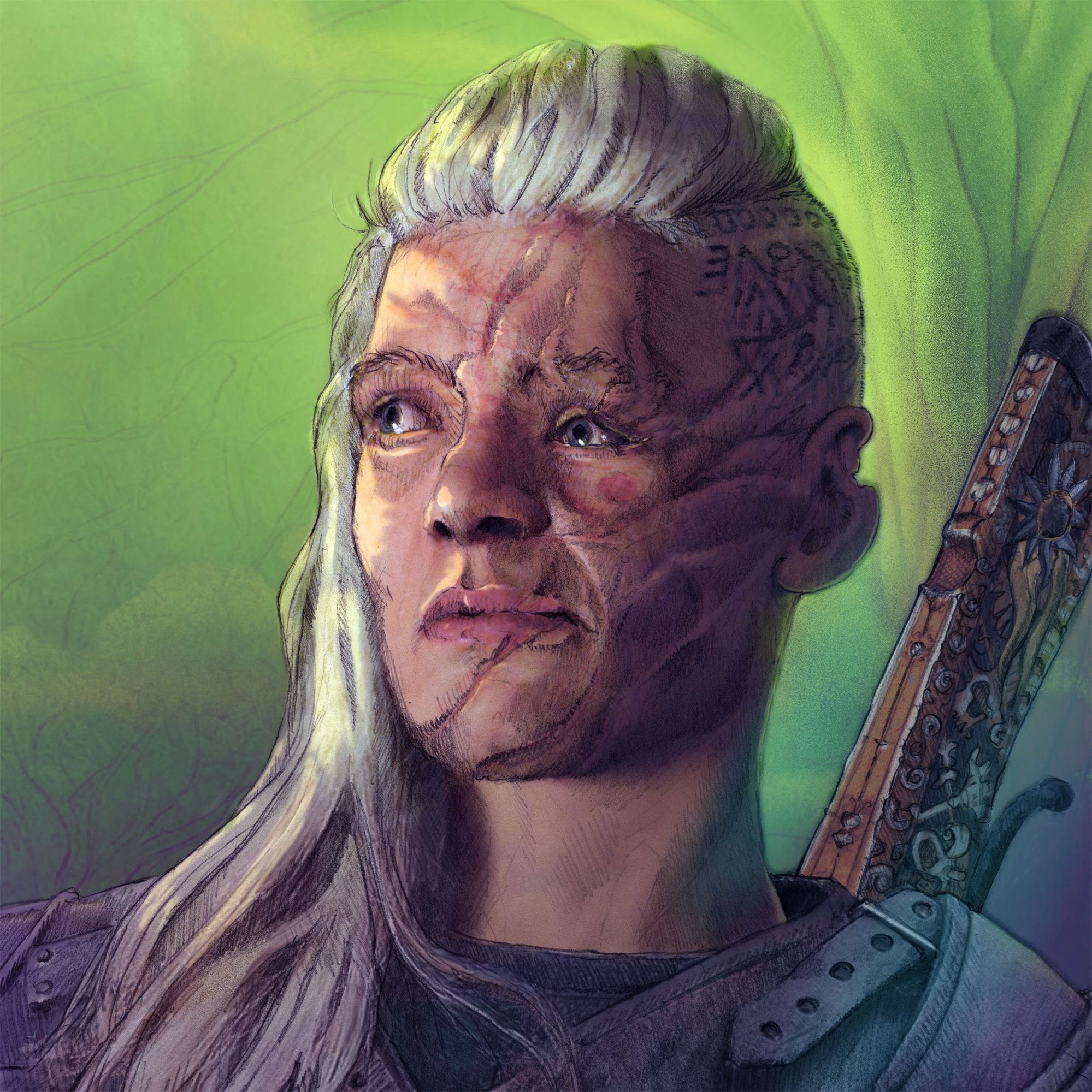 Portrait of a warrior with silver-blonde hair draping over her leather-armored shoulders. Her face is a battleground of badly mended scars, her left eye sagging lower in the shattered orbit. She looks determined and powerful. The stock of a delicately carved crossbow can be seen hanging behind her.