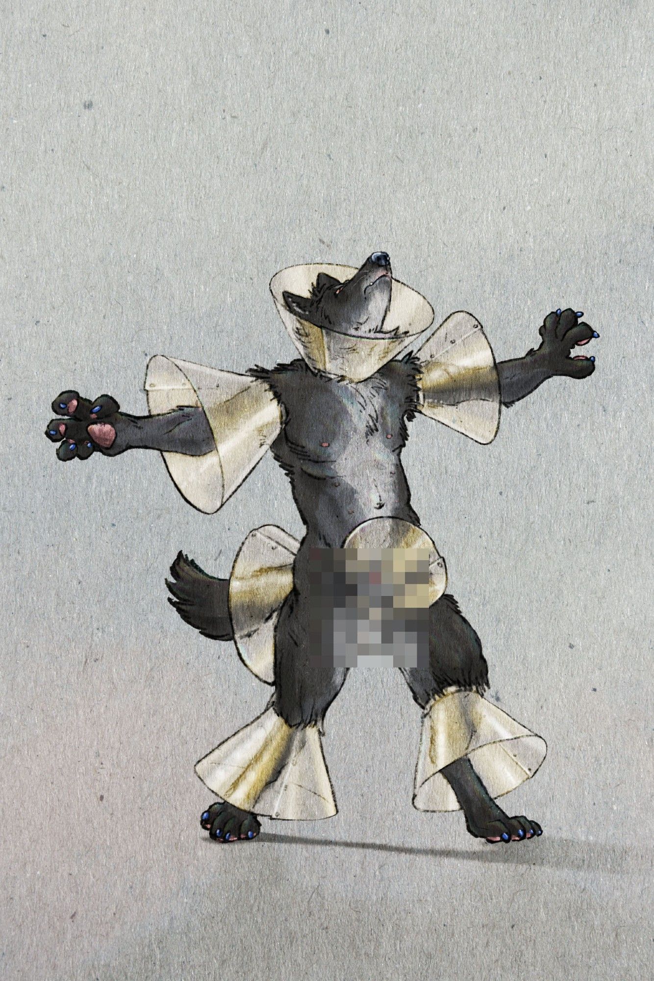 An anthropomorphic black-furred wolf walking awkwardly with arms and legs outstretched while wearing seven cones of shame: around his neck, arms, legs, tail, and sheath (censored).