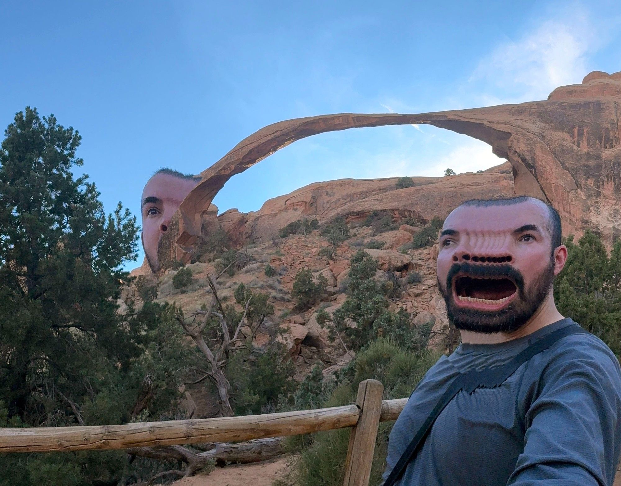 Glitched panorama image at Landscape Arch in Arches National Park where I sing a song through my 10 nostrils while half my face floats about merging into the arch.