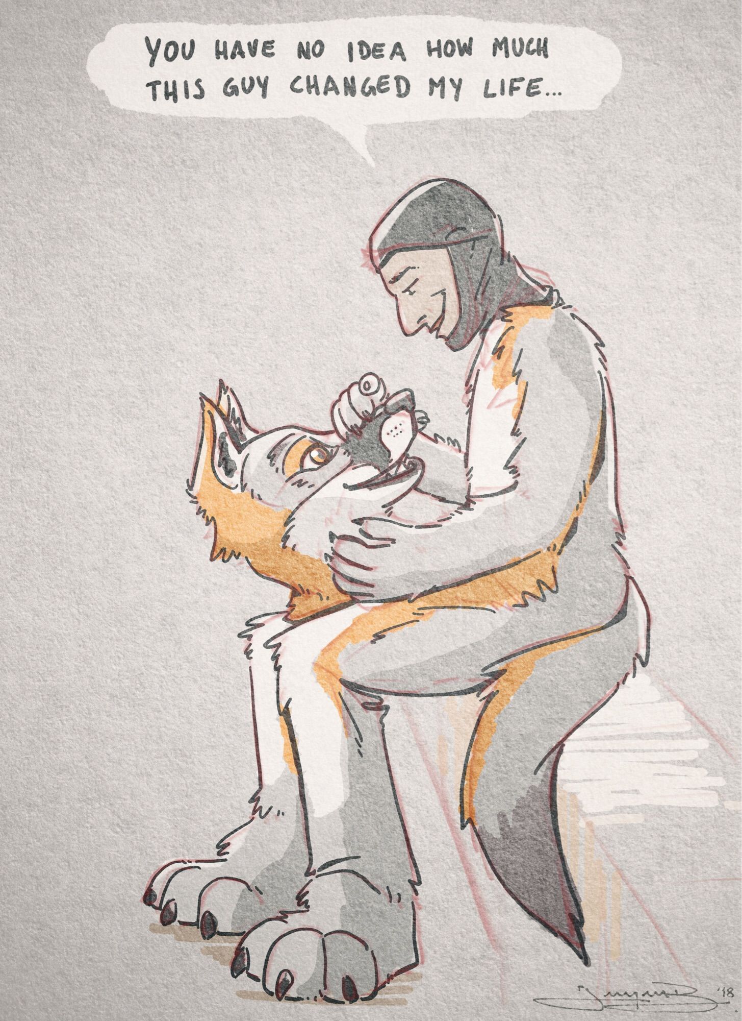 Drawing of a fursuiter with the fursuit head off on his lap, staring at its eyes while saying, “You have no idea how much this guy changed my life…”