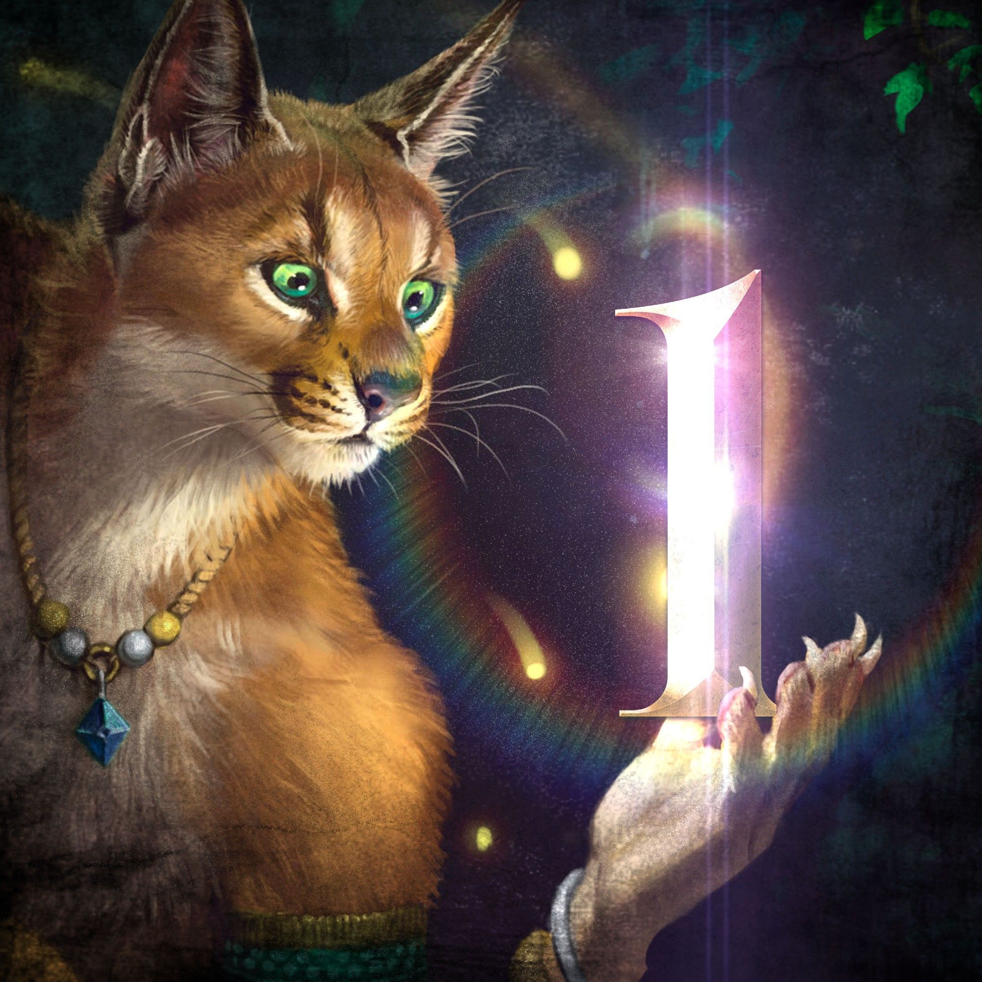 Closeup of an anthropomorphic caracal holding a glowing number 1 in his left handpaw. He’s got curious green-teal eyes, whiskers fully deployed, and wears an octahedral pendant. You can’t see the tufts on his ears, but I swear the tufts are glorious.