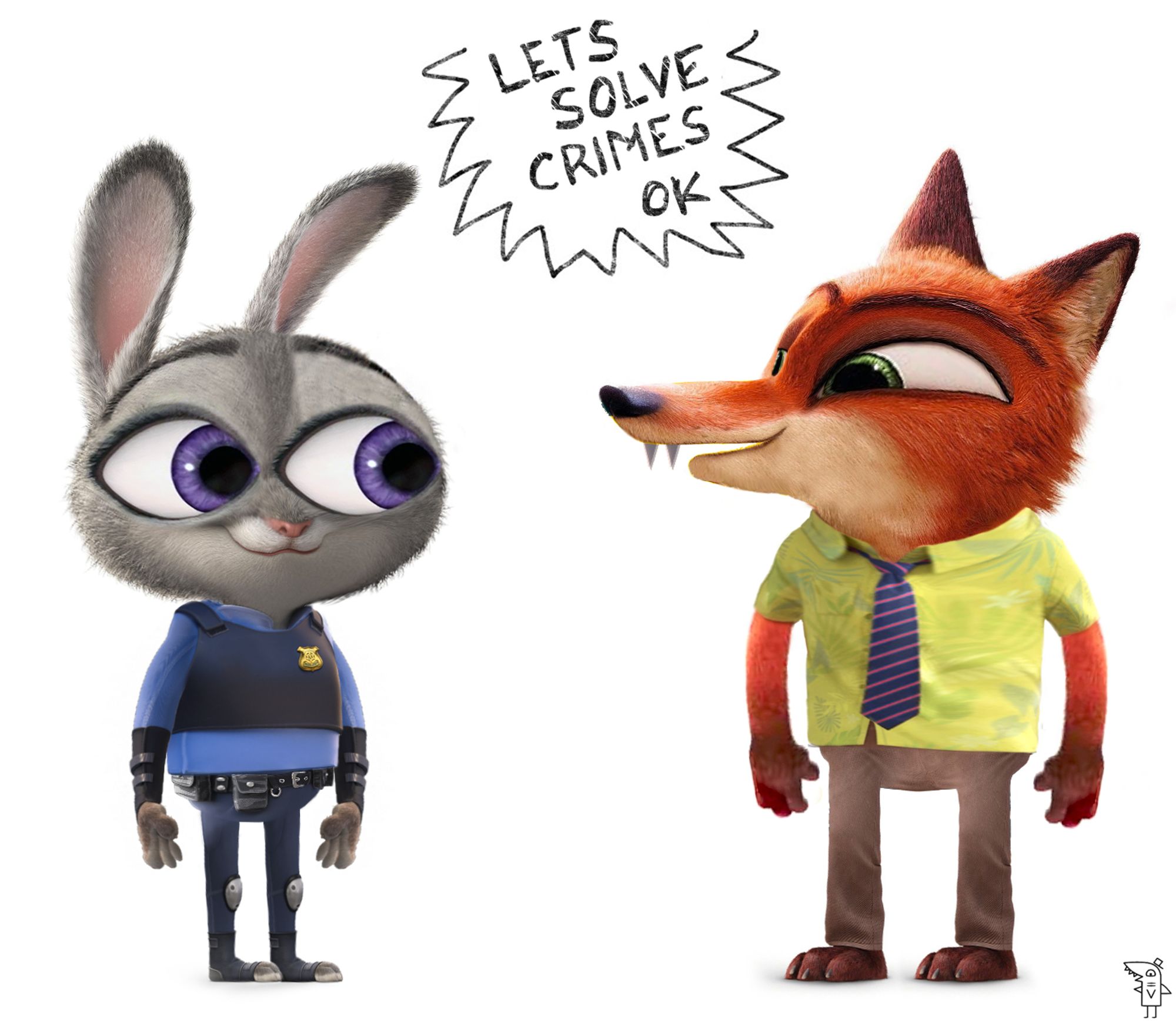 Judy and Nick from Zootopia in the style of Night in the Woods with text that says "Lets solve crimes ok"