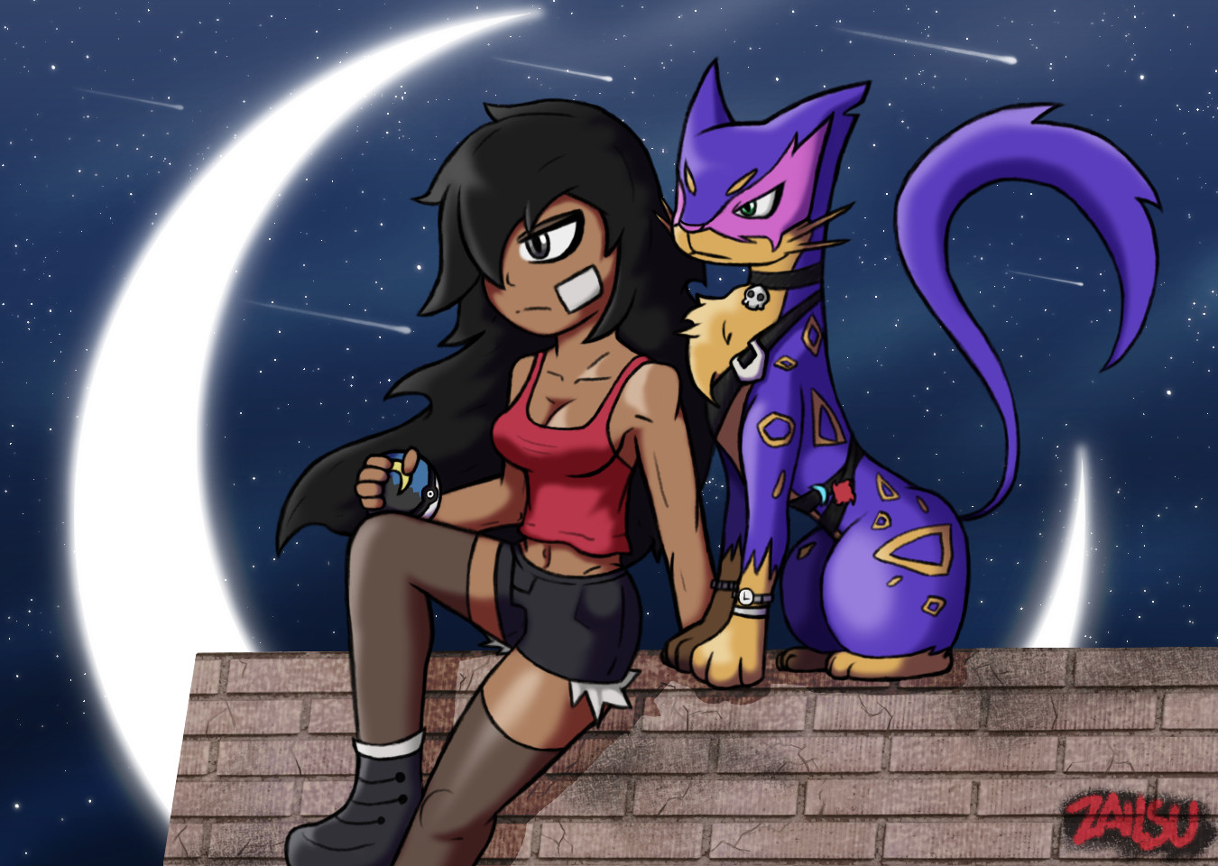 Diana (A humana) e Tricky (A Liepard) contemplando a vista em um muro mal acabado. Atrás delas á uma brilhante lua crescente e uma chuva de estrelas cadentes nem uma bela noite estrelada.
Alguns diriam que um Pokémon traiçoeiro como um Liepard não combinaria com ela, mas Tricky é uma companheira insubstituível que Diana não trocaria por ninguém.