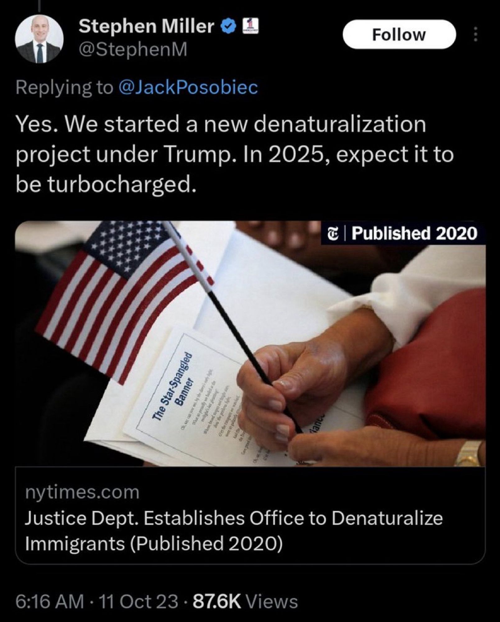 Yes. We started a new denaturalization project under Trump. In 2025, expect it to be turbocharged.
& | Published 2020
The Star-Spangled
Banner
1 bad spot
wee at
nytimes.com
Justice Dept. Establishes Office to Denaturalize
Immigrants (Published 2020)
6:16 AM • 11 Oct 23 • 87.6K Views