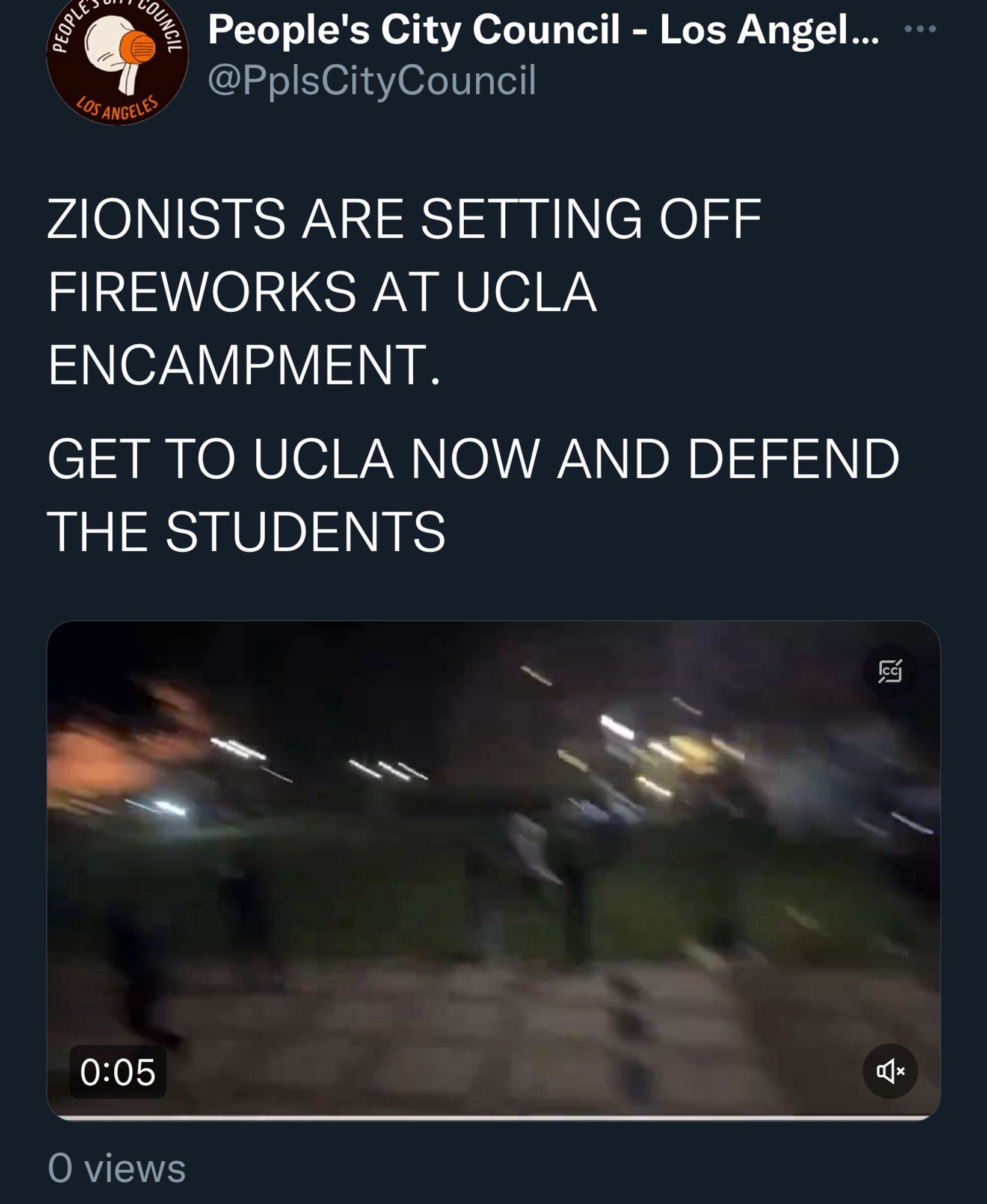 ZIONISTS ARE SETTING OFF
FIREWORKS AT UCLA ENCAMPMENT.
GET TO UCLA NOW AND DEFEND THE STUDENTS