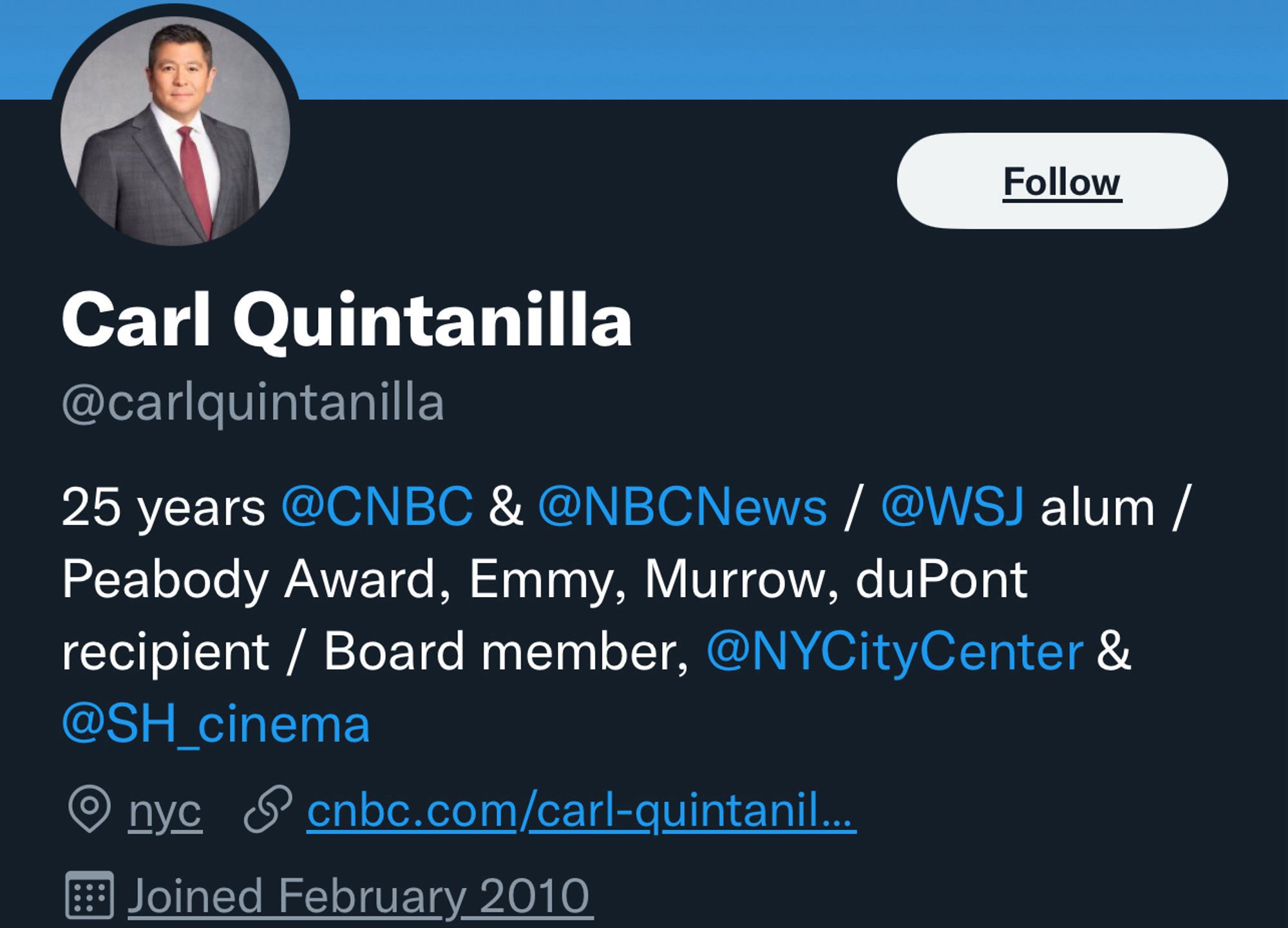 Carl Quintanilla
@carlquintanilla
25 years @CNBC & @NBCNews / @WSJ alum / Peabody Award, Emmy, Murrow, duPont recipient / Board member, @NYCityCenter &
@SH_cinema
• ny © cnbc.com/carl-quintanil...