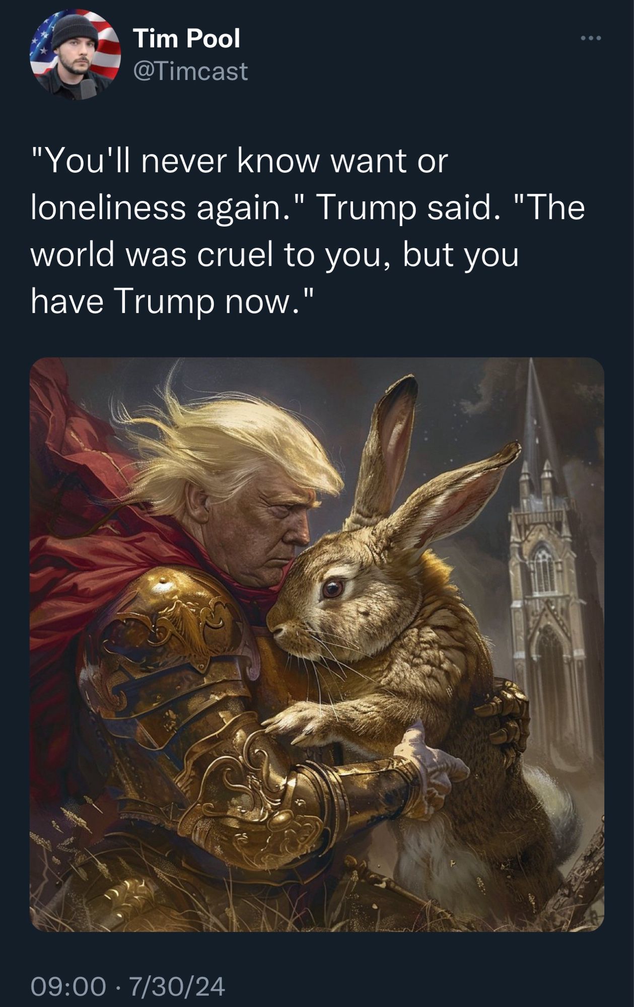 Honestly, I really don't know what to say here except that it is an Al generated image of Trump and gold armor, holding a giant rabbit and it's really offputting and weird.