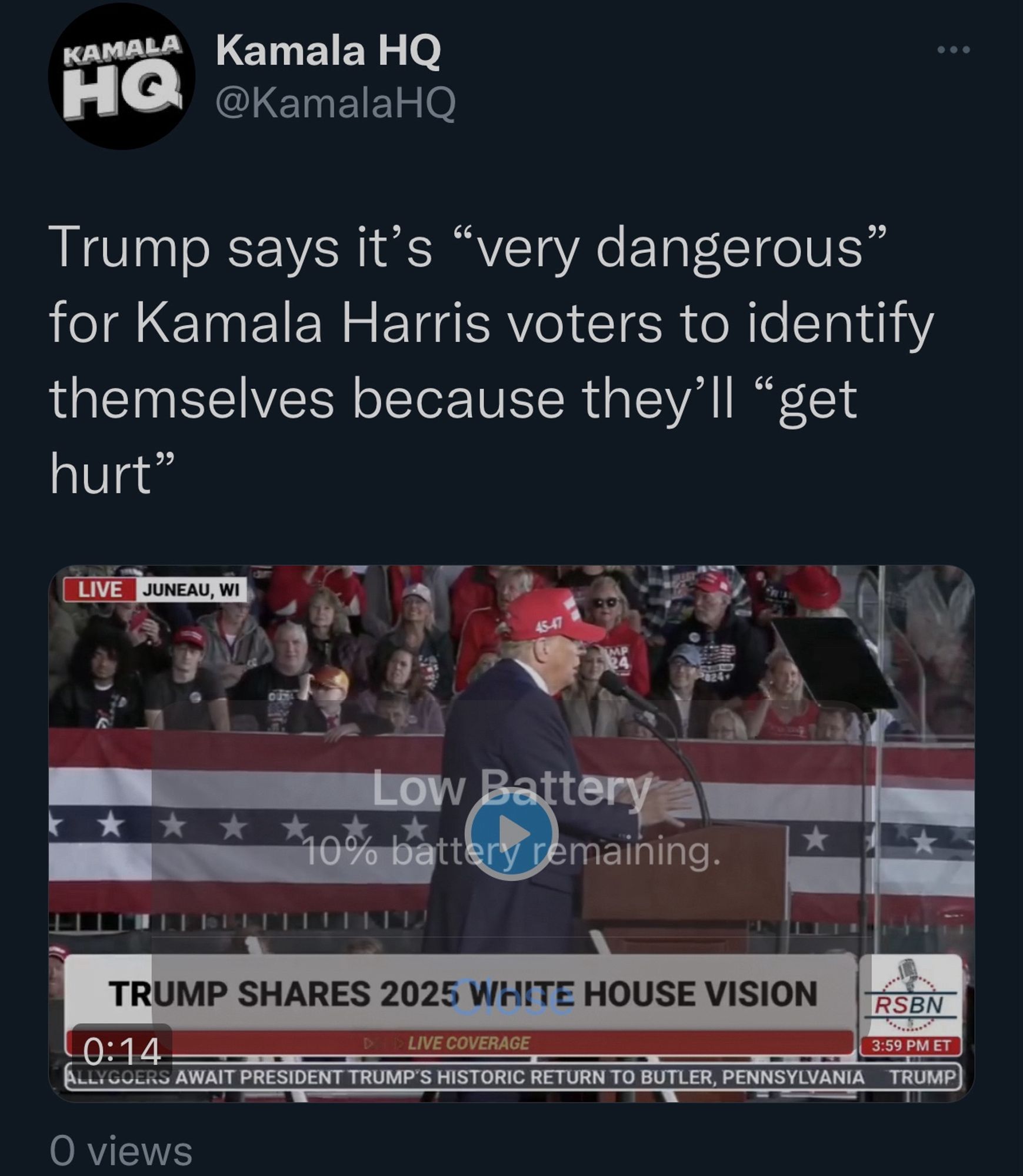 KAMALA HO
Kamala HO
@KamalaHQ
Trump says it's "very dangerous" for Kamala Harris voters to identify themselves because they'll "get hurt"