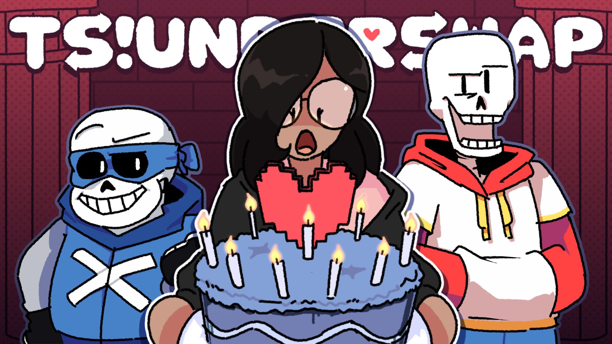 A drawing of Chillin holding a Snowdin-coloured cake with nine candles and a cake topper of the UNDERTALE SOUL on it. TS!UNDERSWAP Sans and TS!UNDERSWAP Papyrus are stood either side of her with the TS!UNDERSWAP logo behind them over a background of the TS!UNDERSWAP Ruins.