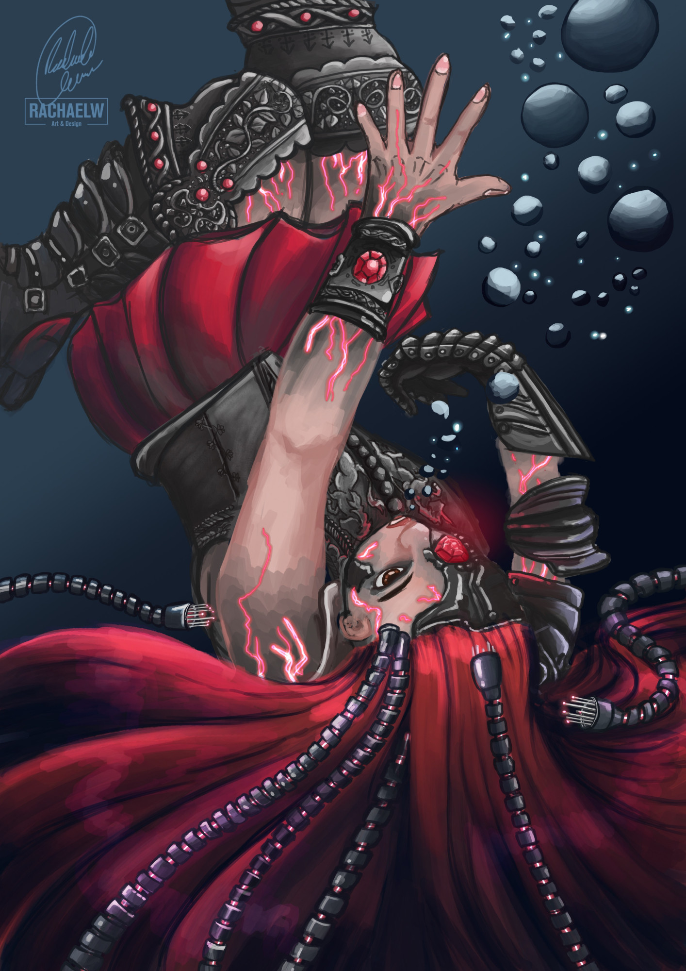 Red haired woman sinking into a body of water, reaching out one hand towards the surface. The woman is seen wearing multiple pieces of armour such as a chest piece, boots, knee braces, a bracelet akin to the Shadow Galactica bracelets on her left arm, and a combination of a full gauntlet, elbow brace, and shoulder pauldron on her right arm. Ominous cables with sharp plugs appear to slink up from beneath to plug directly into her head, and a mechanical mask with a red glowing eyepiece covers the right side of her face. (Resistance is futile.)