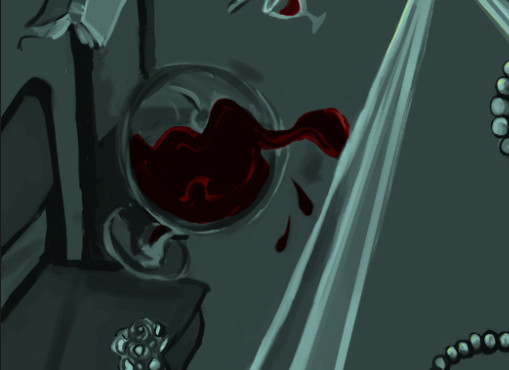 digital painting of a blade of some sort and a glass with red liquid