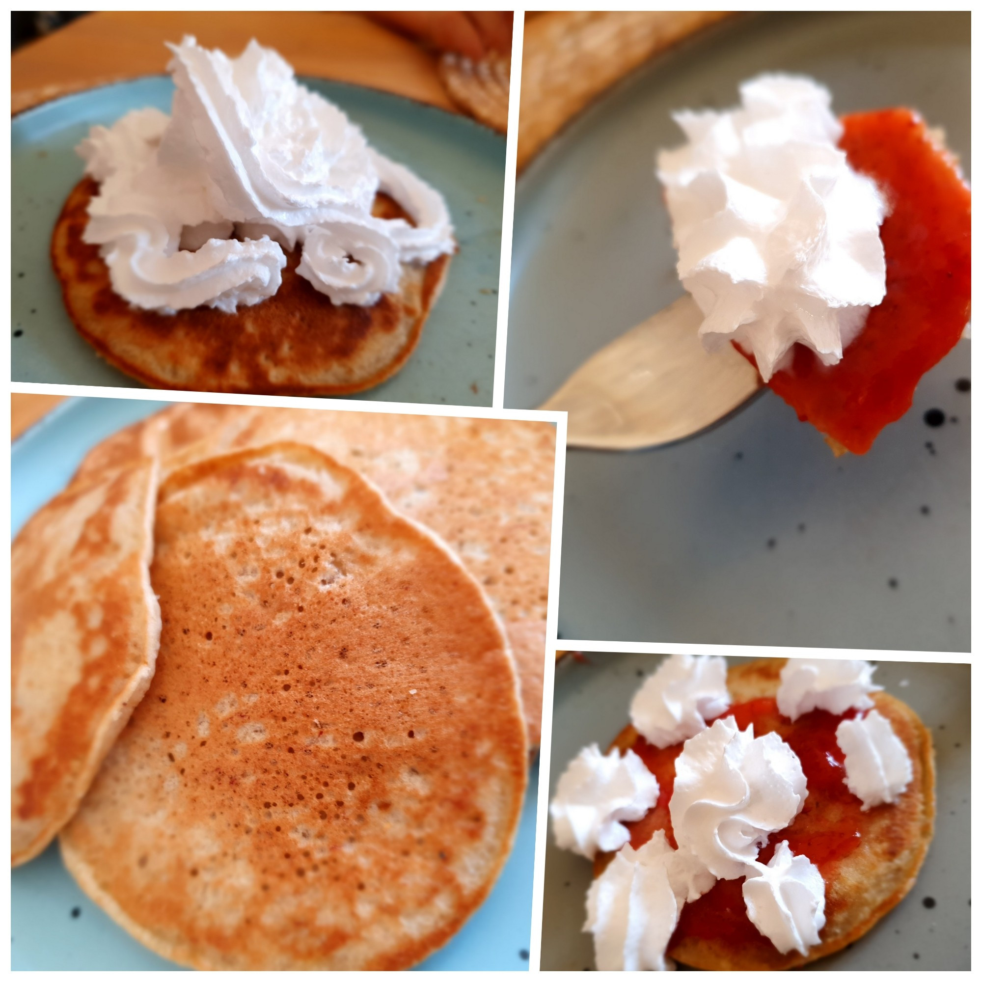 Fotocollage Farbfotos von Pancakes pur und welchen mit Erdbeermarmelade und Sahne