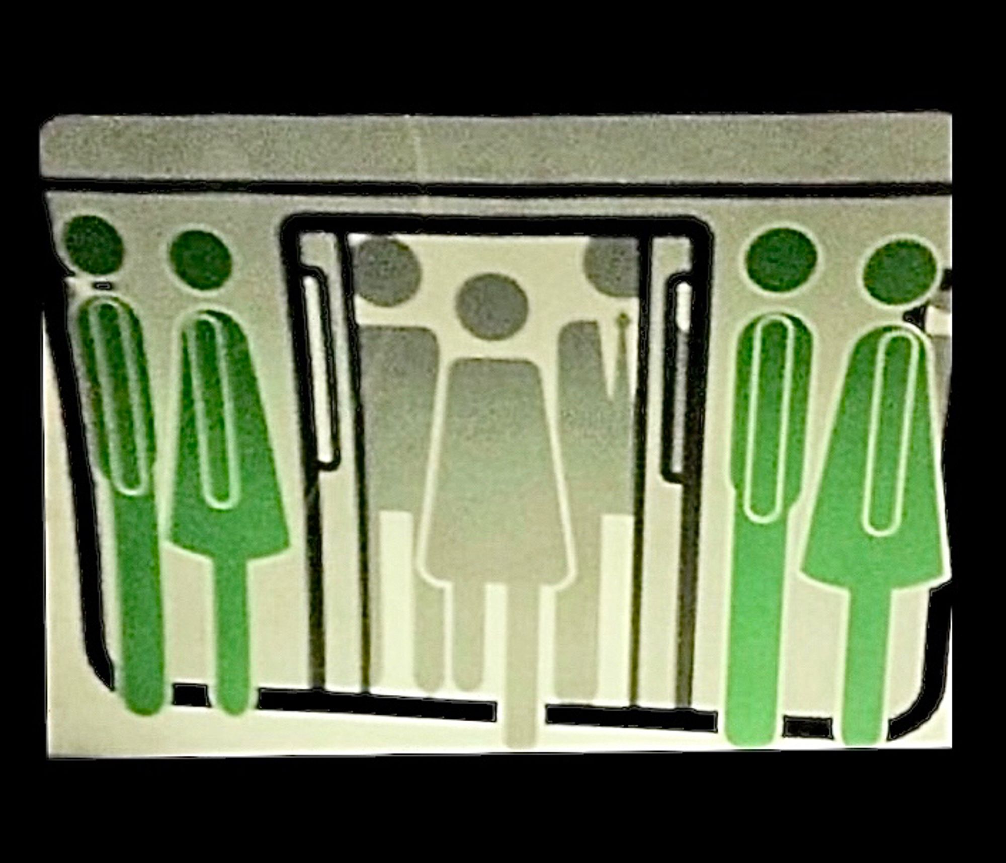 Subway doors appear to be opening. Gray stick figures (weirdly without arms) are getting off the train while green stick figures (all of whom have arms) stand off to the sides of the open doors, waiting for the folks to exit.