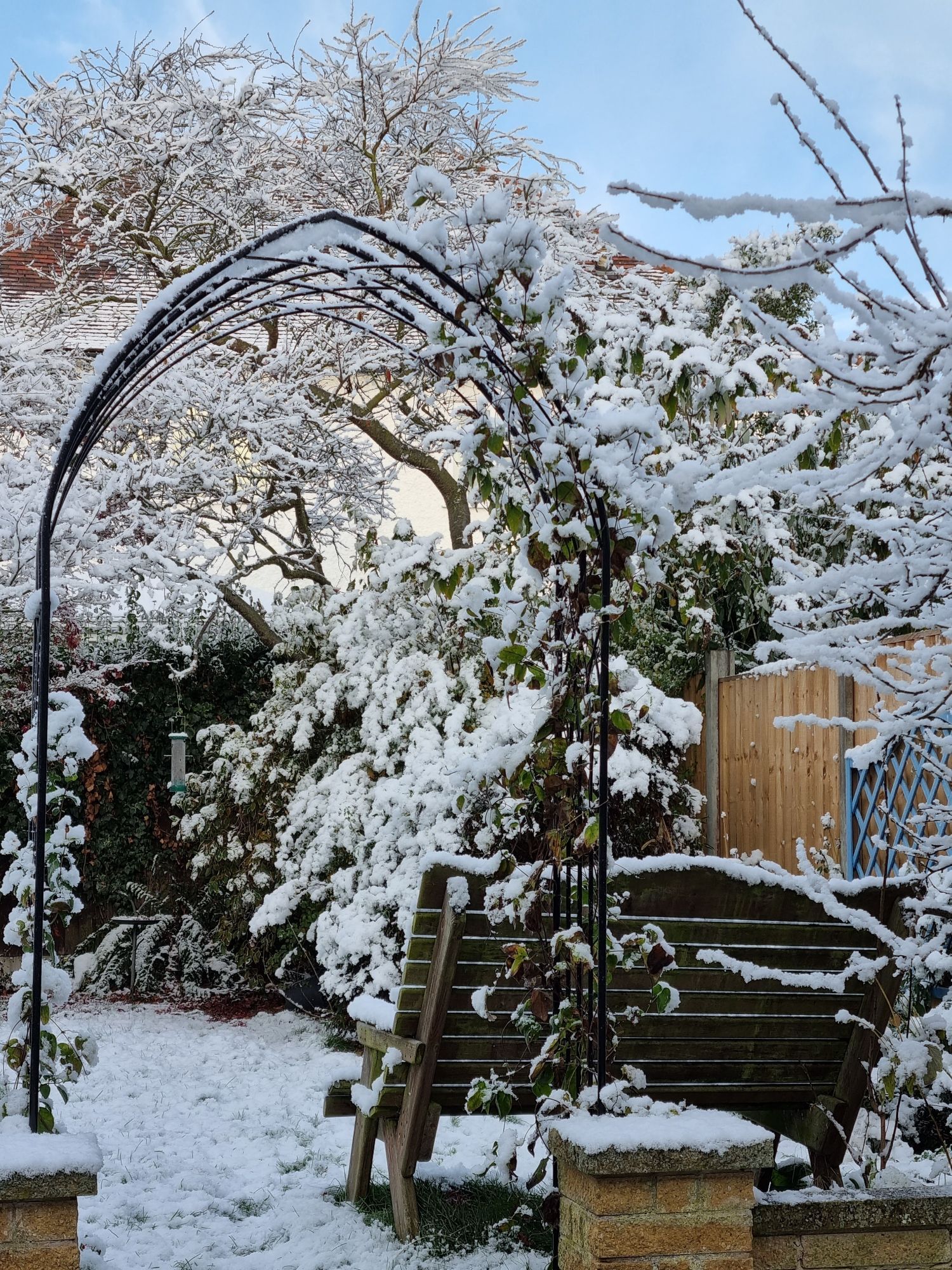 A garden arch, and bench covered in snow.