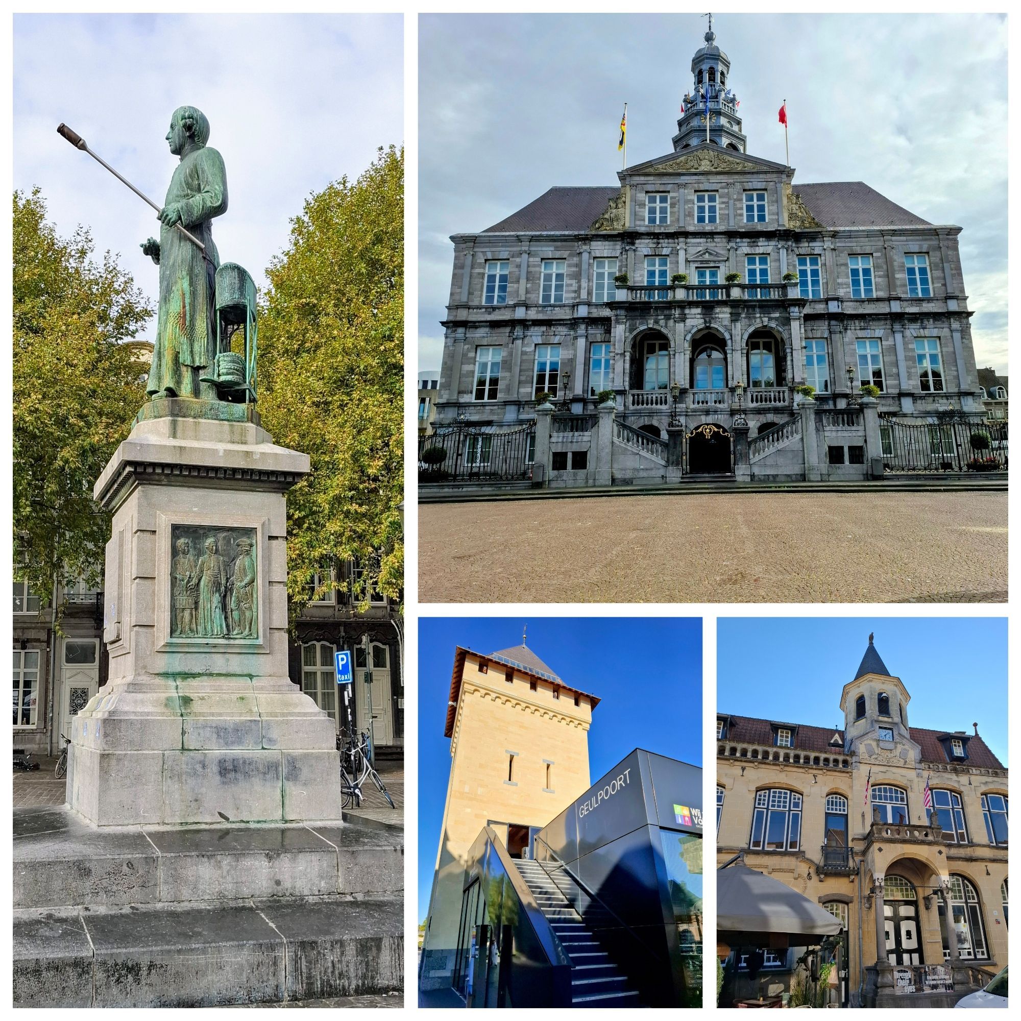 Maastricht met standbeeld op de markt, stadhuis en het museum in Valkenburg