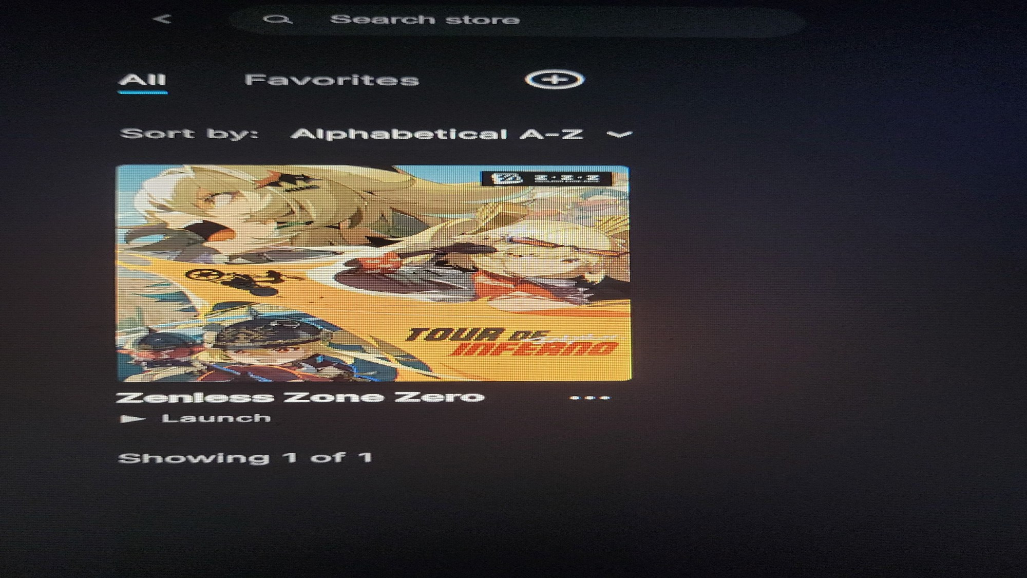 Screenshot of a digital game library. The only game on screen is "Zenless Zone Zero" with bright cover art showing multiple anime girls. The picture indicates that the game is already installed and ready to be played