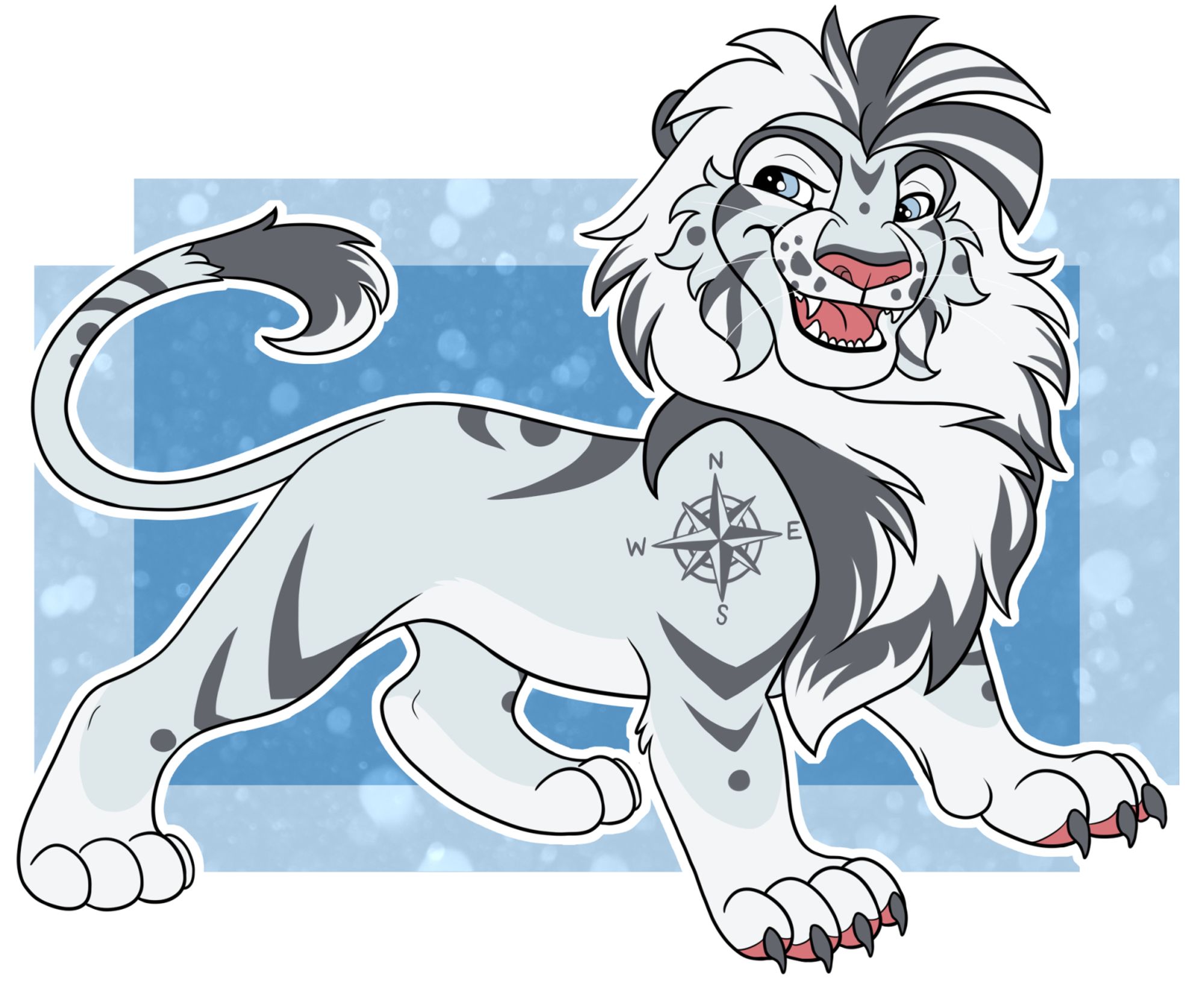 My fursona as a lion. A lion that is black and grey with a compas tattoo