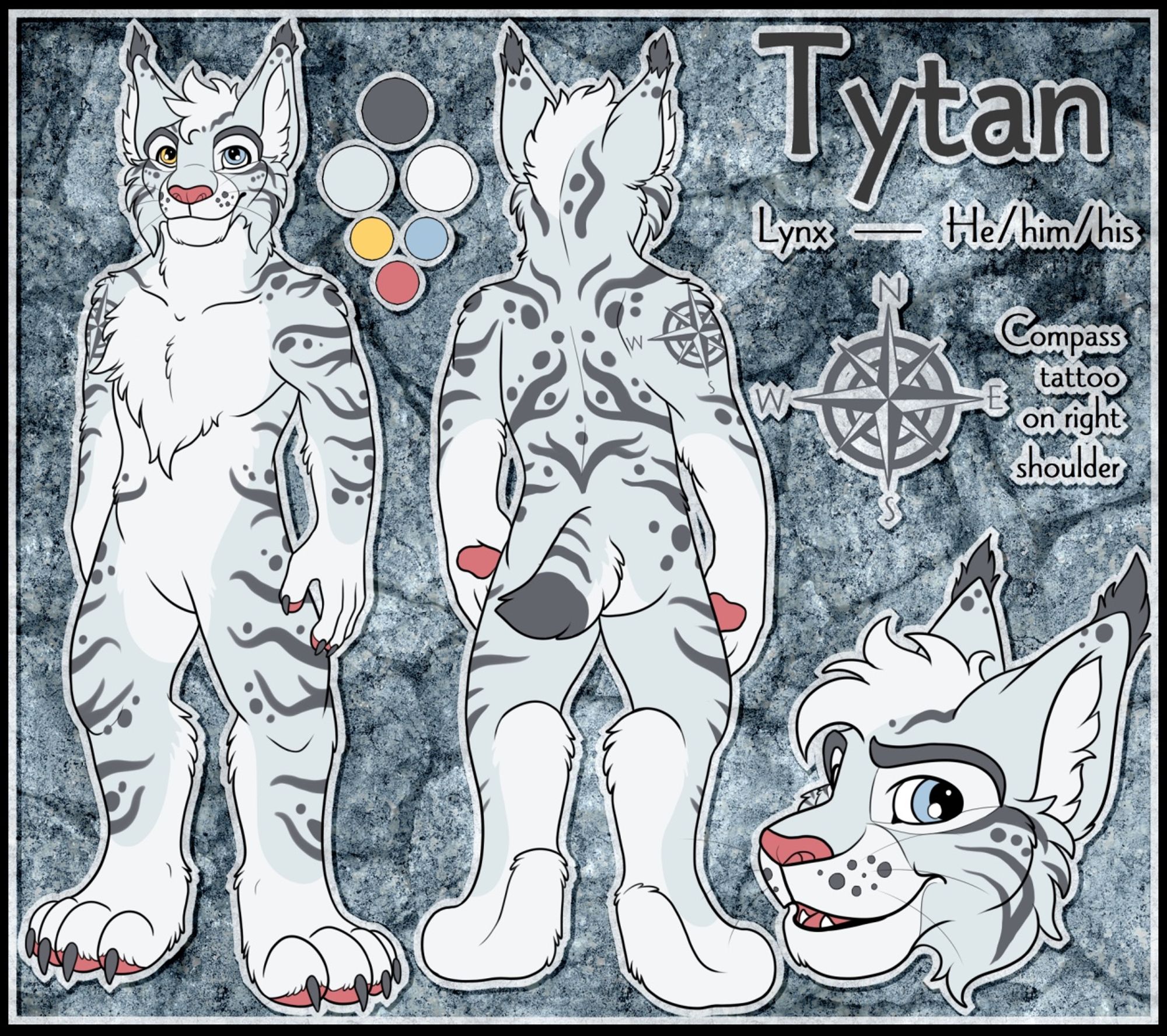 Reference sheet for my fursona a white and grey Lynx named Tytan