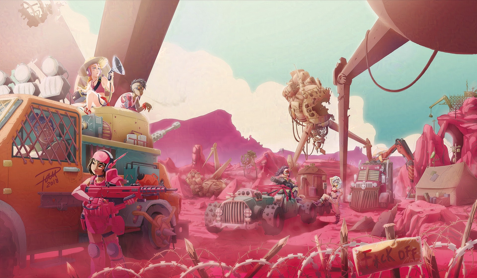 After an unsuccesful alien invasion humans try to survive some of them as scavengers.

A group of women in a pink desert dismantle alien machines to sell them.