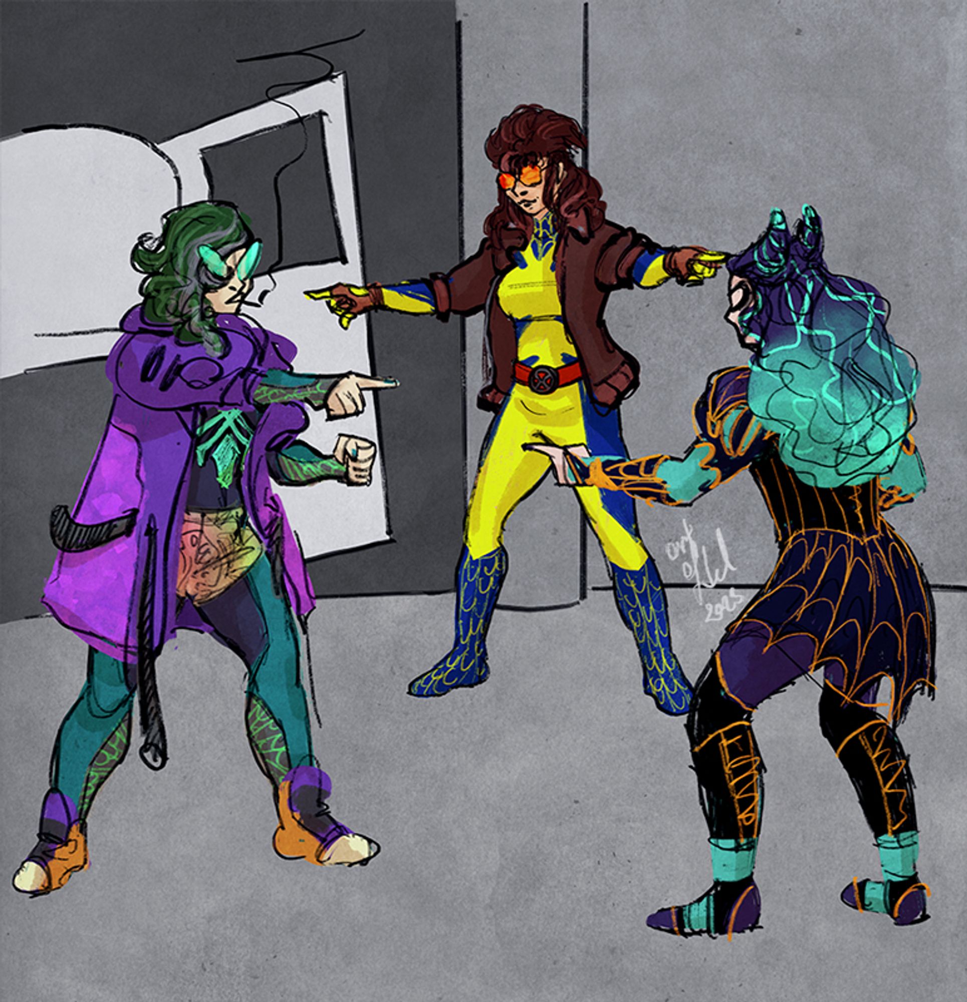 Redrawn of the SpiderMan memewhere3 different spider-men pointing at each other replaced with our spidersonas. Huntsman, wearing a big purple jacket over their spider suit, something something. The Uncanny X-Spider is wearing a classic X-Men-vibes yellow and blue suit, a bomber jacket on top of it, and the Weaver is wearing a renaissance-esque suit with a corset and doublet-y stuff with a pair of horned buns and purple-aquamarine wavy, curly hair.