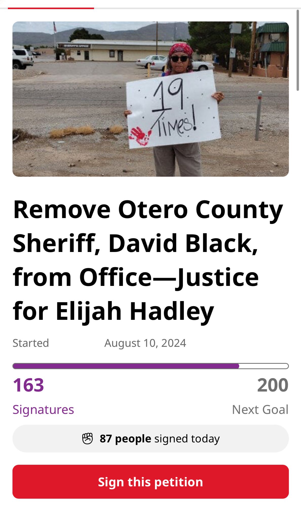 Screenshot of a change.org petition titled “Remove Otero County Sheriff, David Black, from office- Justice for Elijah Hadley” with 163 current signatures, the next goal being 200 signatures