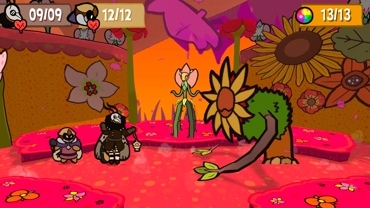 An in-game screenshot of Bug Fables that’s been edited to change Team Snakemouth to Apollyon and Pan. The two are drawn similarly to the art style used for the character sprites in the game.

Apollyon and Pan are facing off against the Venus’ Guardian boss. Apollyon is in the front, and is dressed in its mask and coat. They’re also holding their censer. Pan is in his apron and is holding his cooking pan.